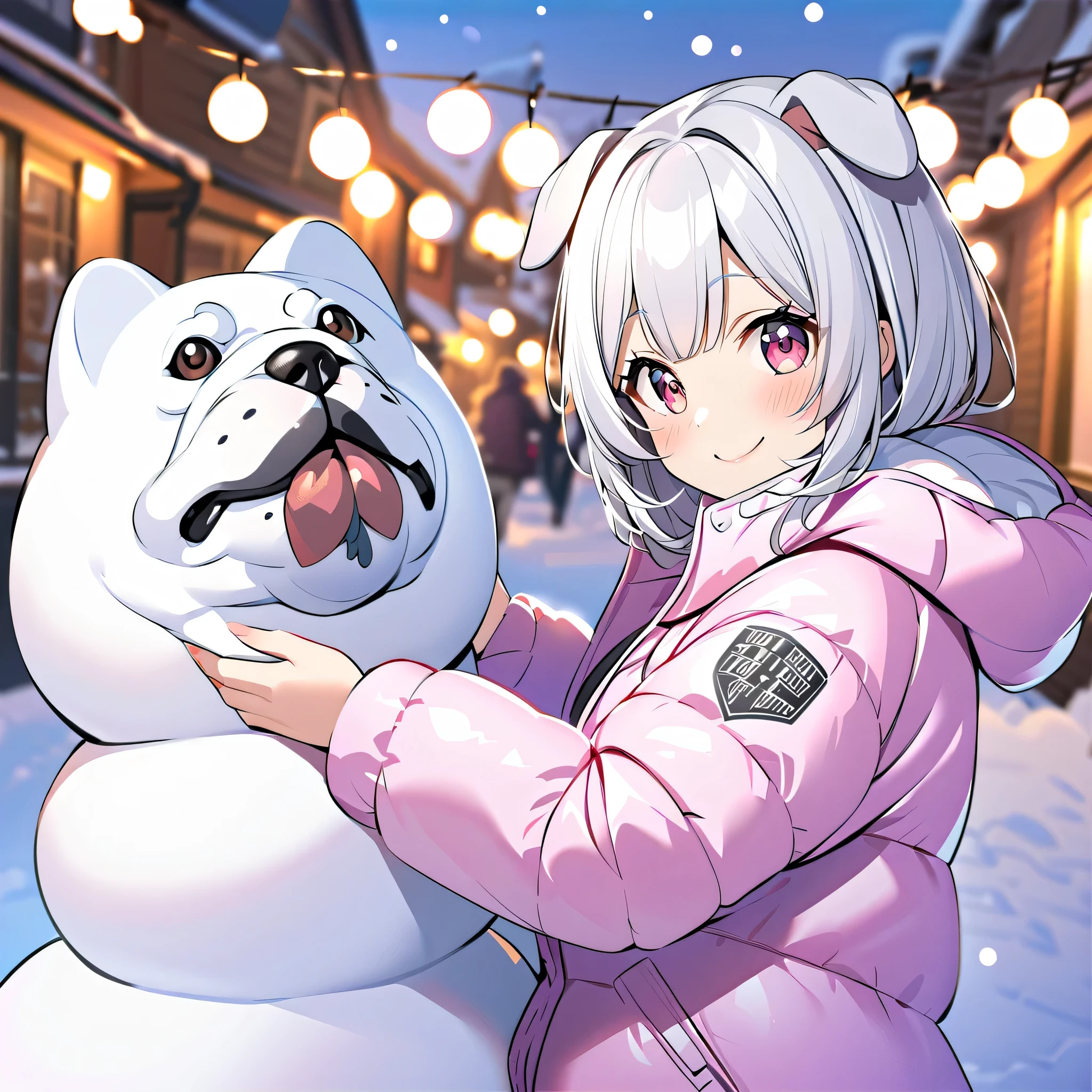 winter,smile, girl with dog ears , Silver Hair, White Ear, down jacket , snowman ,Dogs are with them ,The breed of dog is pug