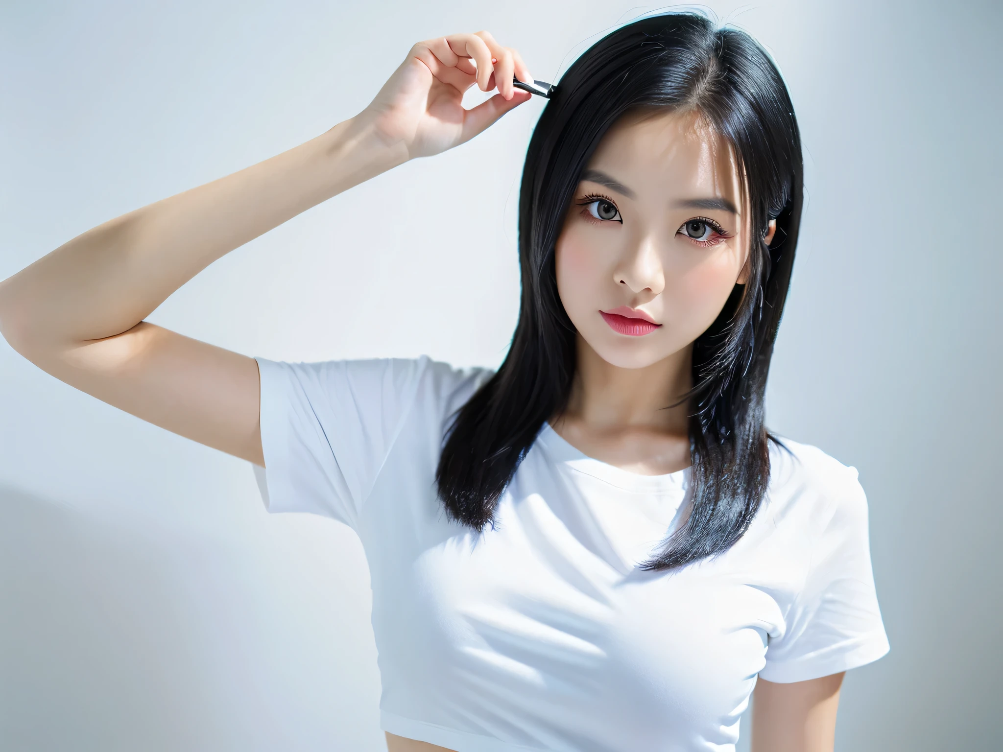 Asian girl, with black hair, a pretty mature face, perfect skin, hugging herself, and white clothes. White background, bright ambience. Model photoshoot, Studio lighting, Beauty photoshoot, 8K resolutions, super realistic.