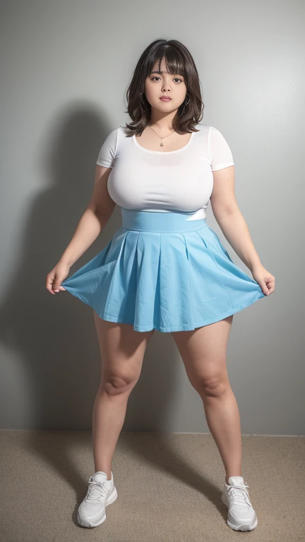 Photography of fat plus-size beauty by the sea,short- sleeved+short skirt,red high heel pumps,(((Take full-body photos on the street))),180cm tall,Long legs,The legs are thick,Low angle photographic composition,Conservative and unexposed