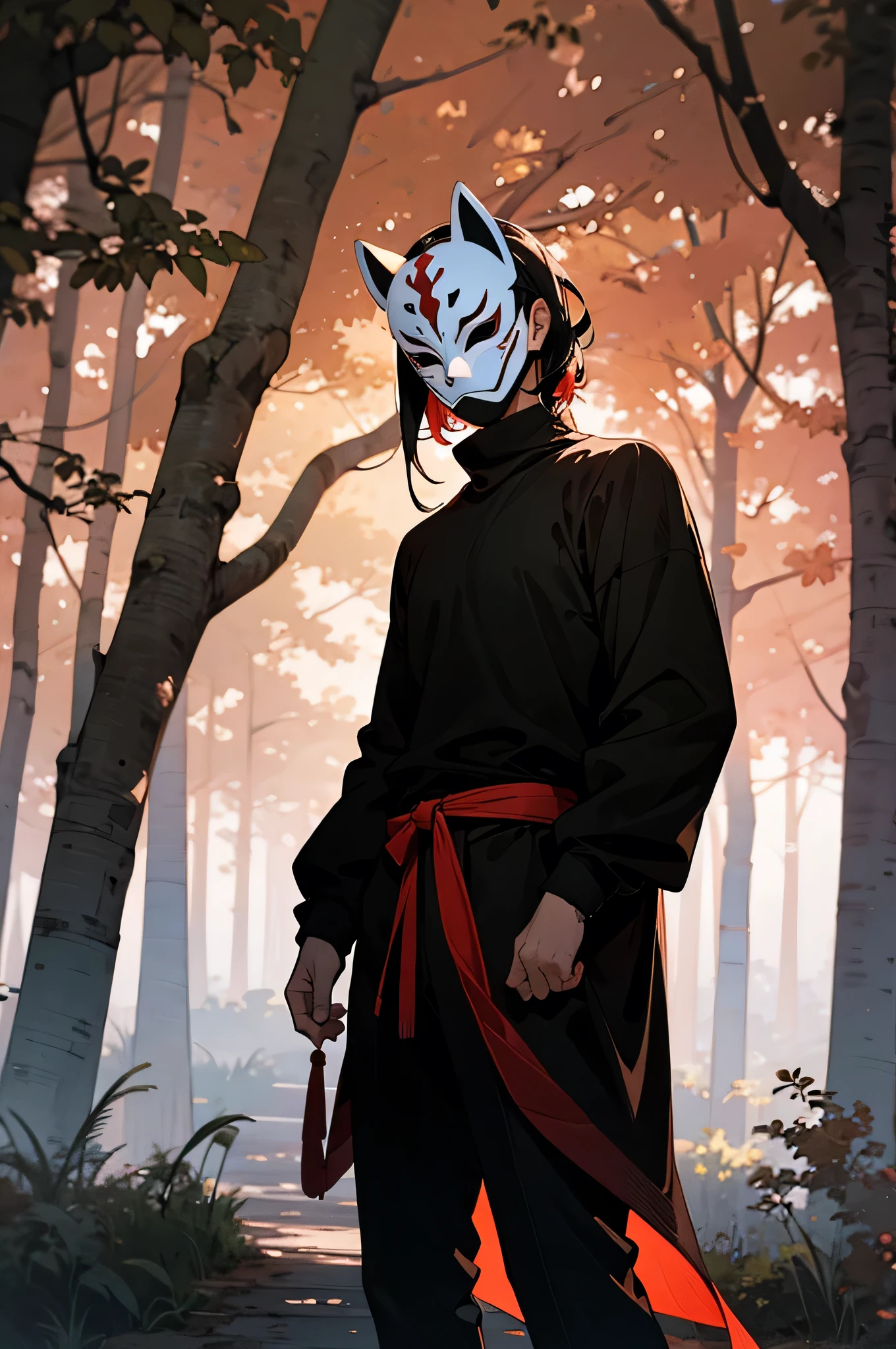 1male , Black Hair , Black Eyes , Serious Expression, Male , Black skin color Black Longsleeve Shirt, Fitted Clothing , Black Turtleneck , Bright Lightning , Forest Background , Standing on path , Mask , Mask Worn on Face