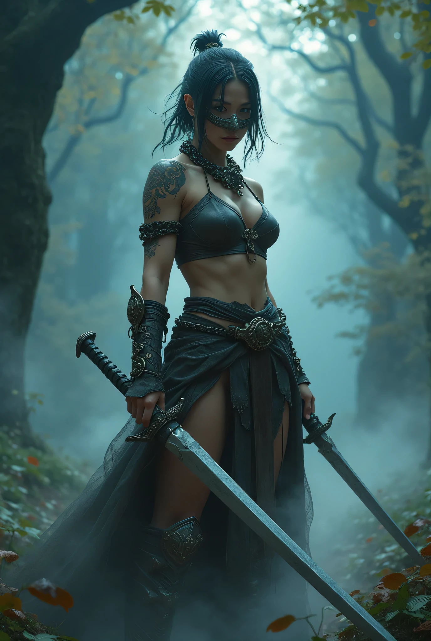 (8k,      top quality,  Masterpiece), (  exist , photo  exist : 1.37),    very detailed,      one girl  , {Barbarian with swords in both hands}, Wide angle ,     Breasts Bouncing Big Outside the University of Tokyo at Night     ,     Very delicate depiction     ,       Made with Miniature Paint       ,      short braided hair   ,    correct skeleton,     In the center  、  short braided hair  ,  Braid Chain   , Long and thick sword 、  dreamy  ,A super existent mixed fantasy world ,    a combination of existential elements and fantastic elements (   Forest of Swirling Fog     :1)、  Prepare to Fight with a Sword   、  complicated ,   Wearing an Elaborate Iron Mask   、  wearing a mask   、  facing the camera  
