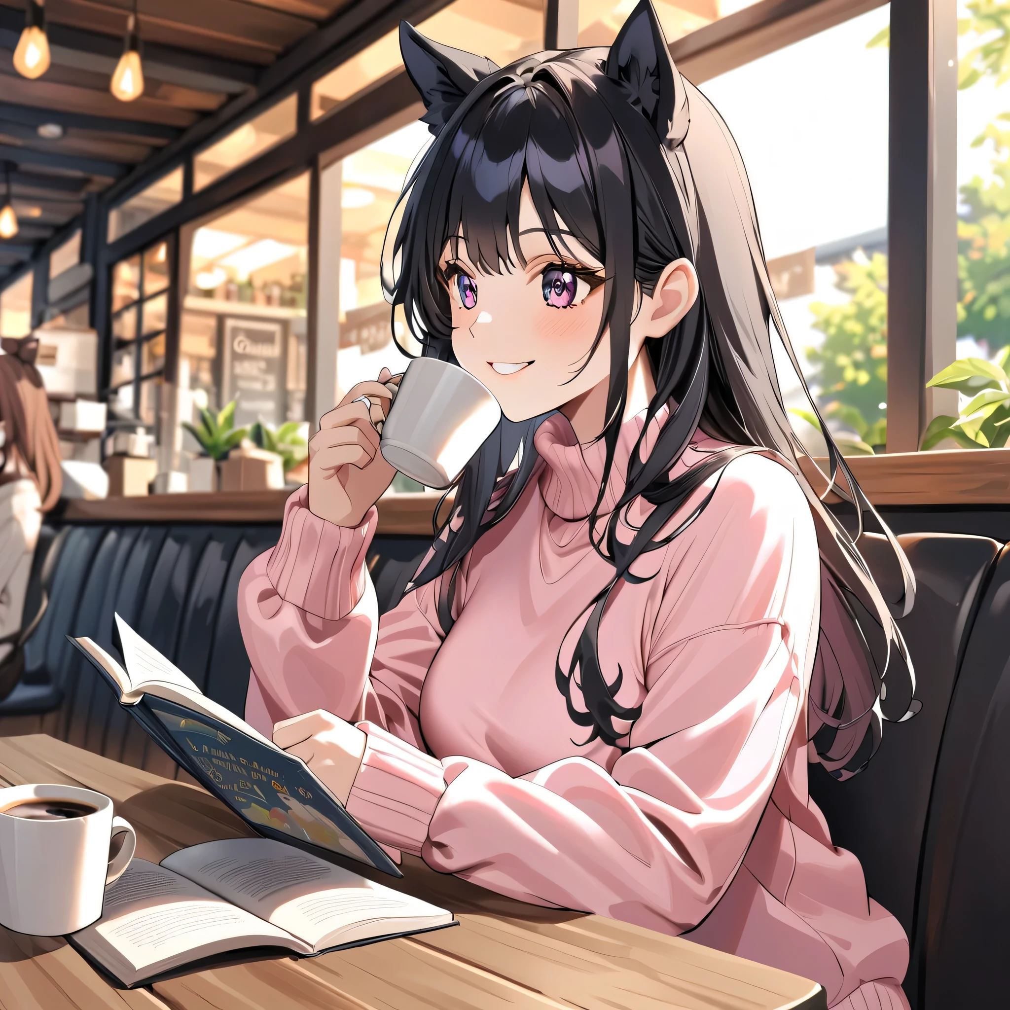 Age 19, Woman with Dog Ears, Very black hair, black ear , smile, Anime Images, sweater , coffee shop, drinking coffee ,Reading a book with coffee in one hand
