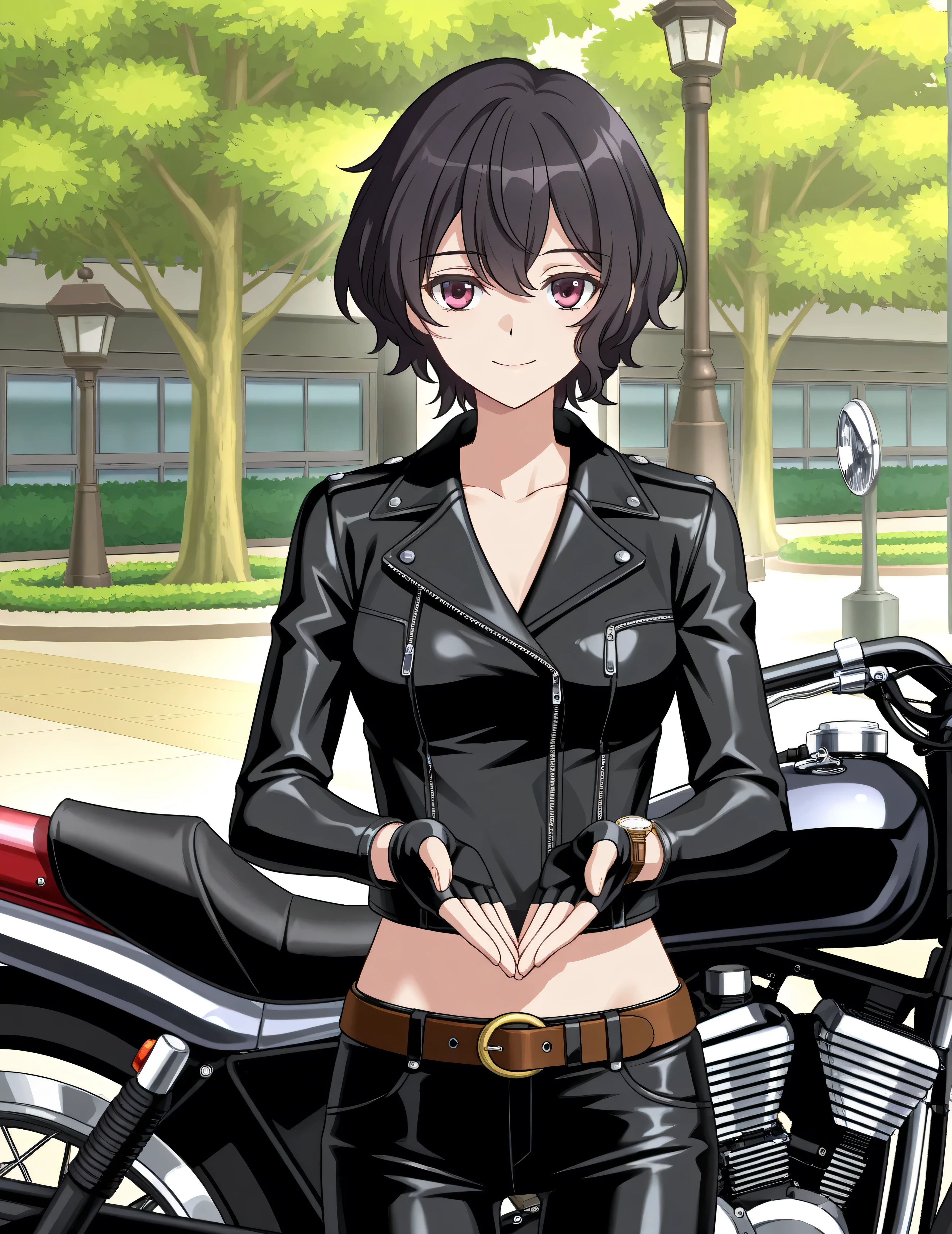 score_9, score_8_ up the side, score_7_ up the side, source_Anime,( top quality:1.1), ultra detail, high resolution,Highly detailed skin, beautiful detailed eyes,8k, sharp concentration, beautiful, beautiful eyes, anatomically correct , anatomically correct face, extremely detailed eyes , smooth edge , beautiful face, symmetrical eyes, symmetrical face at school,smile,
Amemiya_Two,Alone, black hair, short hair, short hair, Genuine Leather Motorbike Ladies Softshell Jackets, Genuine Leather Fingerless Motorcycle Gloves , Genuine Leather Motorcycle Jackets Made in Japan, Womens Leather Skinny Pants , Genuine Leather Motorcycle Boots , Genuine Leather Motorcycle Belts ,
Gestures That Smell Your Hands , an no yed , mouth, Cross Legs, and watch the viewers,
Park, knight , lamp post ,
( beautiful, small breasts:1.2), o, upper body,I closed my mouth, stare at viewers, wavy hair,clavicle,