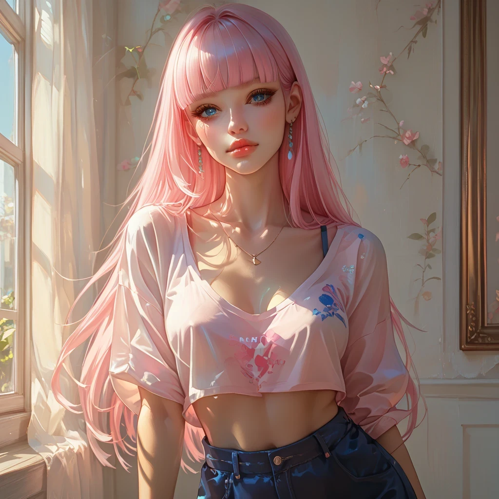 pink hair 、 Top Quality、 Masterpiece、( professional lighting )、 surreal、 (Nipples:0.4), fascinating、 figure like a slender supermodel 、 one girl , ( lean forward to the camera to show off her butt ), (slightly larger breasts, midriff peek ), ( arched , oily skin ), (Bright, beautiful blue eyes , ((hime cut,long hair, )), ( beautiful face squinting in bright light ),