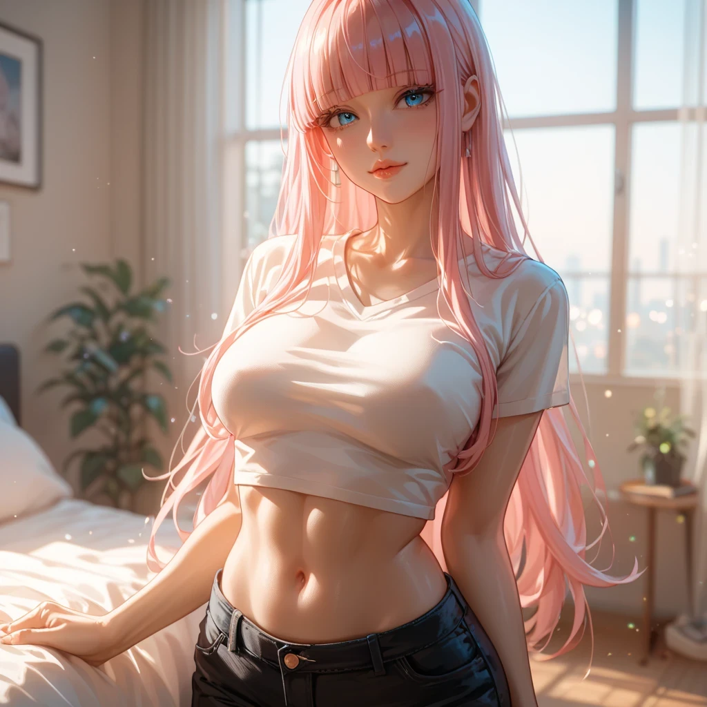 pink hair 、 Top Quality、 Masterpiece、( professional lighting )、 surreal、 (Nipples:0.4), fascinating、 figure like a slender supermodel 、 one girl , ( lean forward to the camera to show off her butt ), (slightly larger breasts, midriff peek ), ( arched , oily skin ), (Bright, beautiful blue eyes , ((hime cut,long hair, )), ( beautiful face squinting in bright light ),