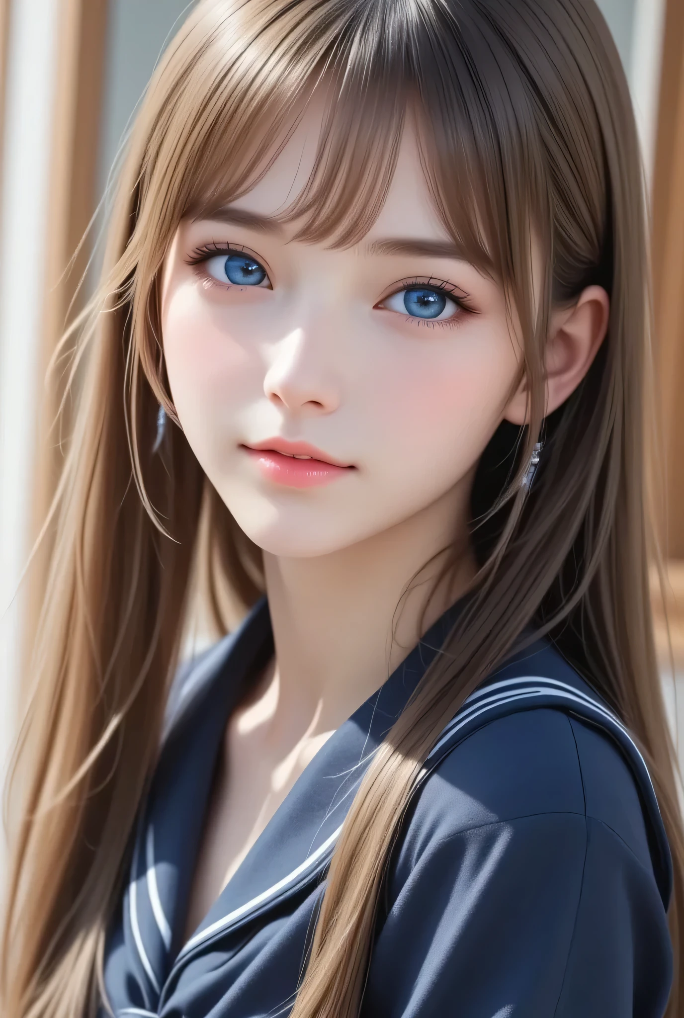 (super cute young face),
(japanese idol face:1),
very beautiful cute girl,
(:1),
navy blue sailor high school uniforms,
(beautiful pleated skirt:1,5),
cheerful happy smile,exquisite smooth and silky long brown straight hair,fair skin,(happy cheerful smile),professional photogragh, 
happy cheerful smile,body shot,very thin natural makeup 
