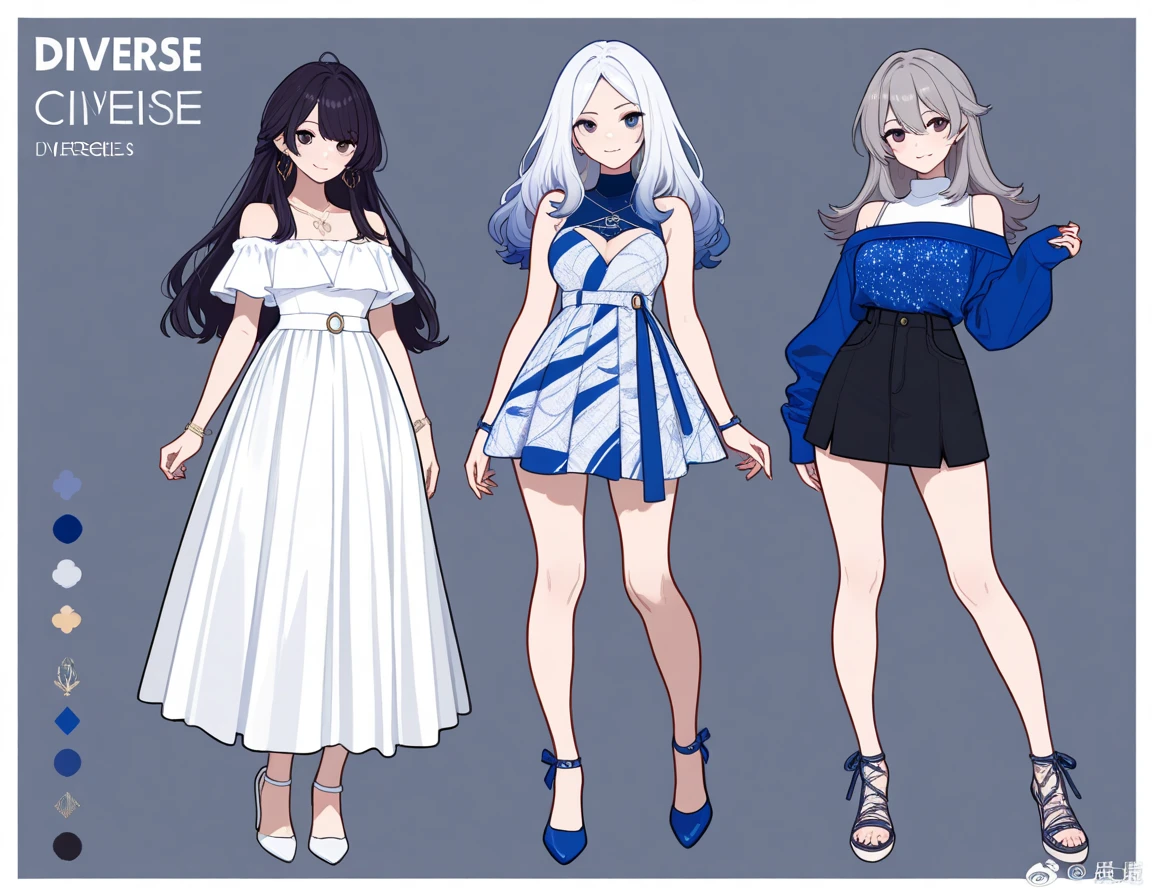 (((Best Quality))) , ((full body)), 4 lady, adult woman, multiple views, white background, variety of hairstyles, variety of fashion styles, seductive pose, fantasy outfit, spring outfits, walk pose, dark blue/dark orange/dark green/dark violet/brown/white, ,
