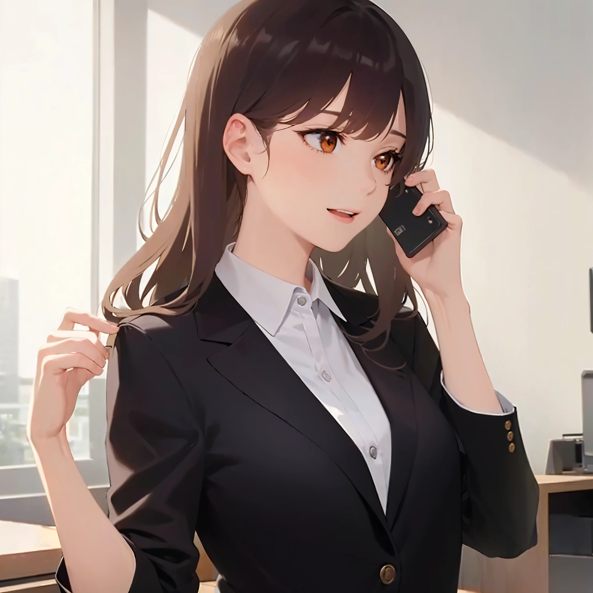 talking on phone, masterpiece, best quality, detailed, Masterpiece, Great detailed pictures, RAW photo, photorealistic, Realistic, real person,
upper body, (looking away:1.5), from side, hands up,
(pale skin: 1.2), shiny skin, shiny hair, (25-year-old woman with medium hair with bangs) and (wavy hair) and (brown hair) and (orange eyes) ,
(Business suit:1.5) and (white collared shirt) ,
smile, happy, open mouth,
in the office room,
alone, sitting,