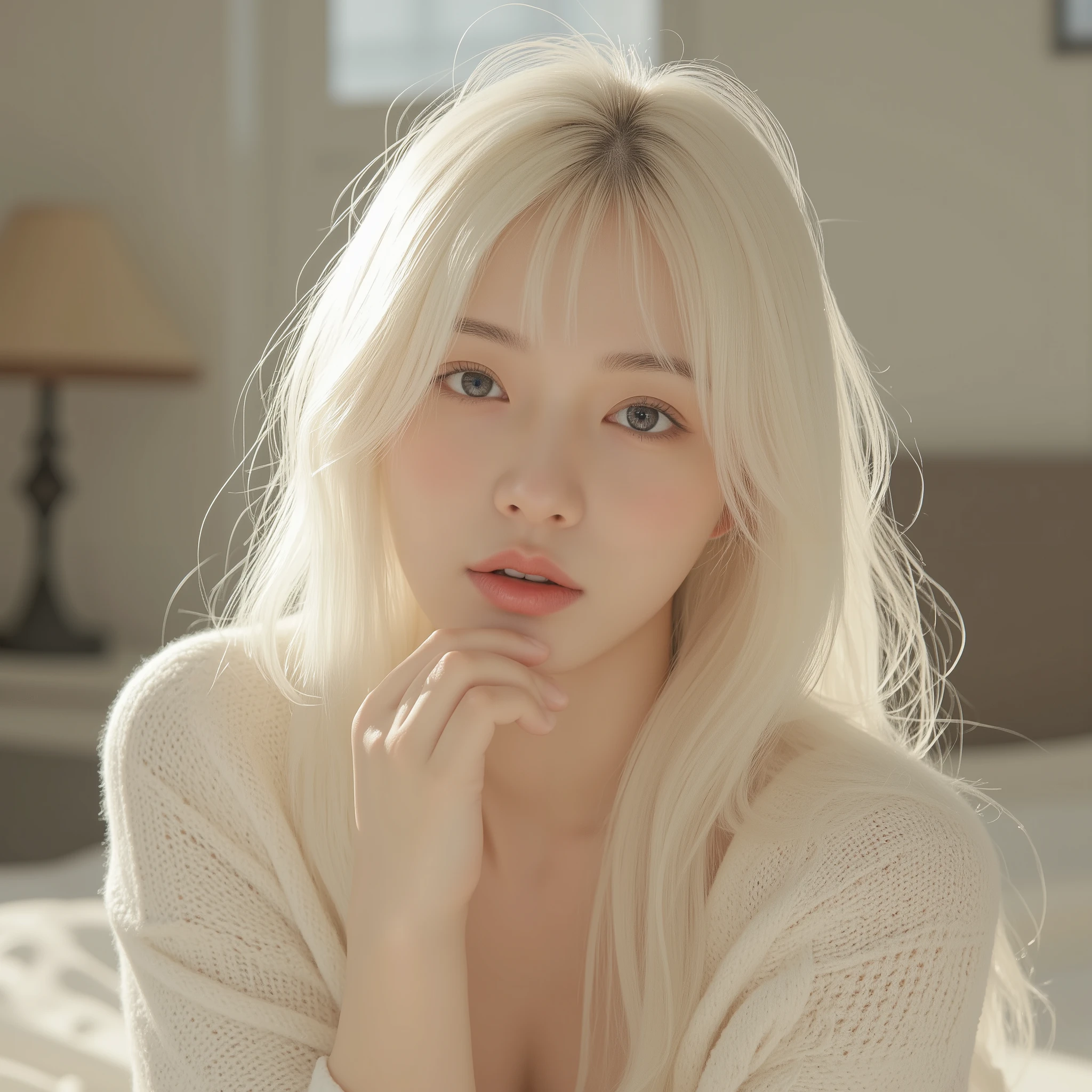 A photograph of a young Japanese woman with a sweet and innocent appearance. She has a fair, translucent complexion with a natural, dewy glow, giving her skin an almost ethereal radiance. Her long, flowing pure white hair cascades down her back and over her shoulders, glowing subtly in the sunlight. The silky strands catch the light beautifully, creating an almost ethereal, weightless appearance. Wispy bangs gently frame her delicate features, enhancing her soft and serene expression. She has large, round, and captivating eyes with a gentle upward tilt, framed by long, delicate lashes. A subtle shimmer in her irises gives them a luminous, almost dreamy quality. Her natural makeup, including soft eyeliner and no blush, enhances her strong yet delicate features. Her lips are full and naturally pink, with a slight hint of a smile.
She is wearing a cozy, slightly oversized cardigan draped over her shoulders, paired with a simple, minimalistic top. The soft fabric of the cardigan enhances the warm and relaxed atmosphere. She lets out a small, drowsy yawn, covering her mouth gently with one hand. Her eyes, still slightly teary from the yawn, hold a sleepy, affectionate expression. The early morning sunlight streams through the window, casting a warm glow on her face and hair. The soft morning light highlights the gentle waves of her long, silky white hair, adding depth and dimension. Each strand appears to shimmer as it catches the sunlight, emphasizing the ethereal, almost celestial quality of her appearance. The background is minimalistic, with blurred details like a small lamp and a nightstand.
Ultra-realistic, cinematic lighting, detailed textures, intimate and warm atmosphere. 8K detail.