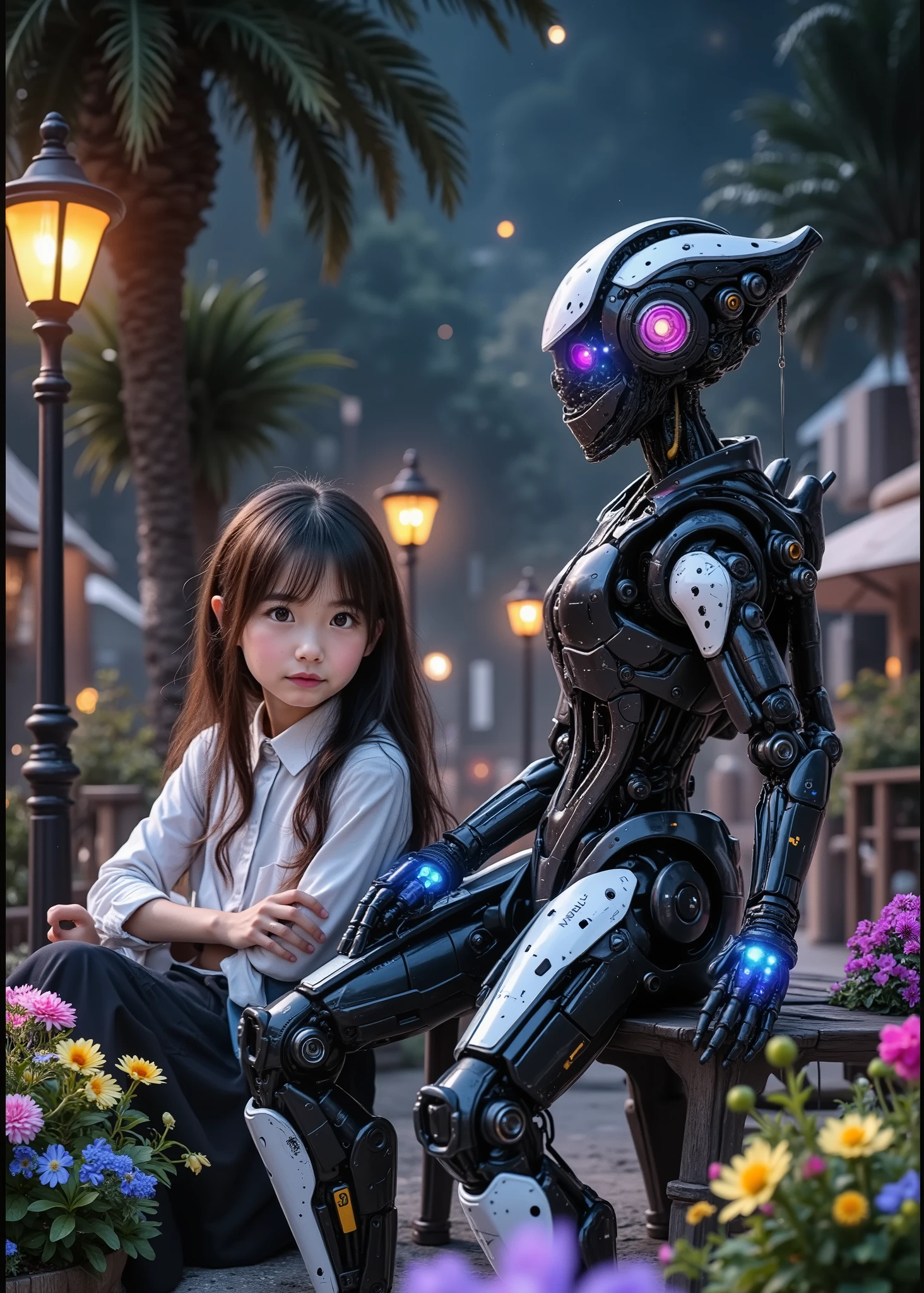 Night Resort 、Girl sitting next to a bench with an anthropomorphic robot girl、flower bed、Street lamp、 fairy tale