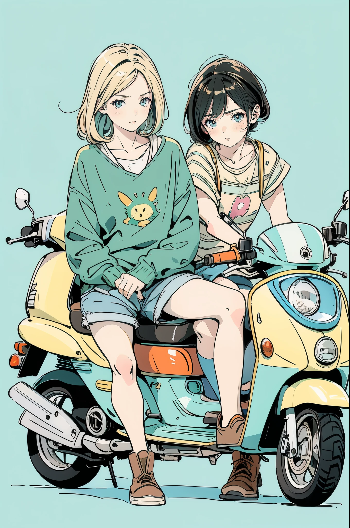 A beautiful anime-style illustration. A brown striped cat is sleeping on the seat of a pale blue scooter. A blonde woman is crouching next to the scooter, gazing at the cat. The woman is wearing a green off-the-shoulder top, denim shorts and brown boots. The background is pale blue, giving the illustration a simple and clean feel. The overall color scheme is soft, creating a warm atmosphere.