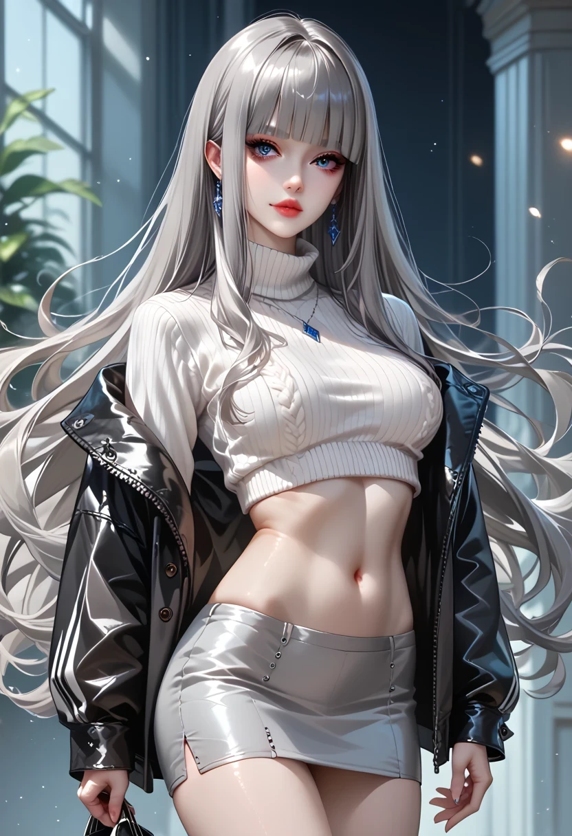 ((Gray Hair))、(black inner hair), best quality 、 ( professional lighting without shadows )、 surreal, (Nipples:0.4), fascinating、 Slim Supermodel-Like Figure、 one girl ,, (Mid-chest, Belly button exposed), ( arched , Beautiful Skin )), (明るい and beautiful blue eyes , ((hime cut,long hair )), ((Knit sweater, (mini pencil skirt), Suede boots , ( beautiful face squinting in bright light ),