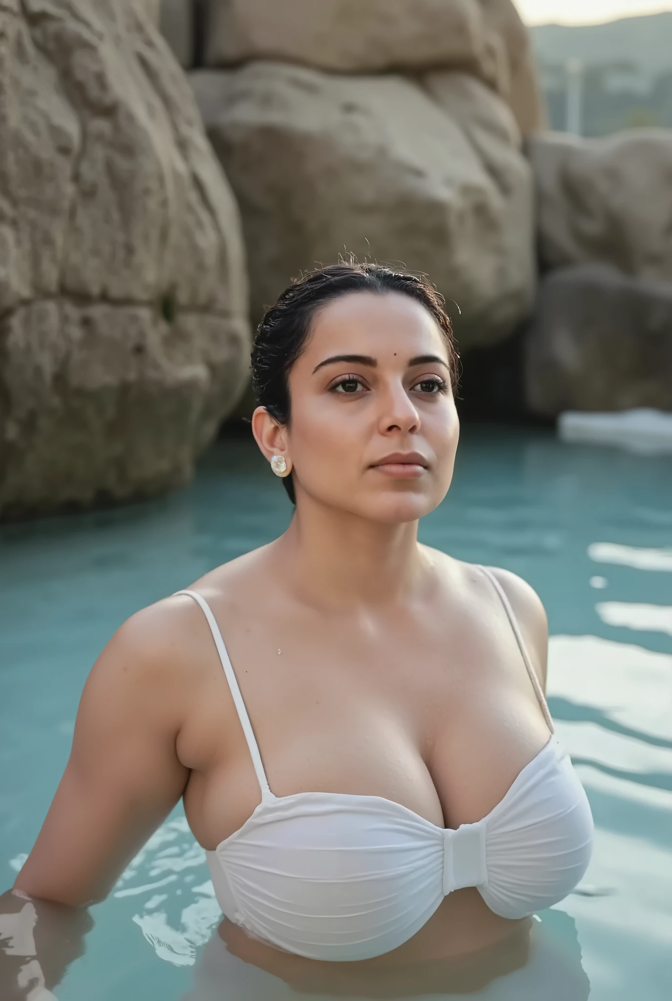 A woman is partially submerged in a crystal-clear pool, wearing a sleek, wet-look swimsuit that clings to her form. The waterline rests just below her chest, creating a striking contrast between the glistening wet fabric and her exposed skin. Droplets shimmer on her shoulders, and her damp hair sticks to her face and neck, enhancing the allure of the moment