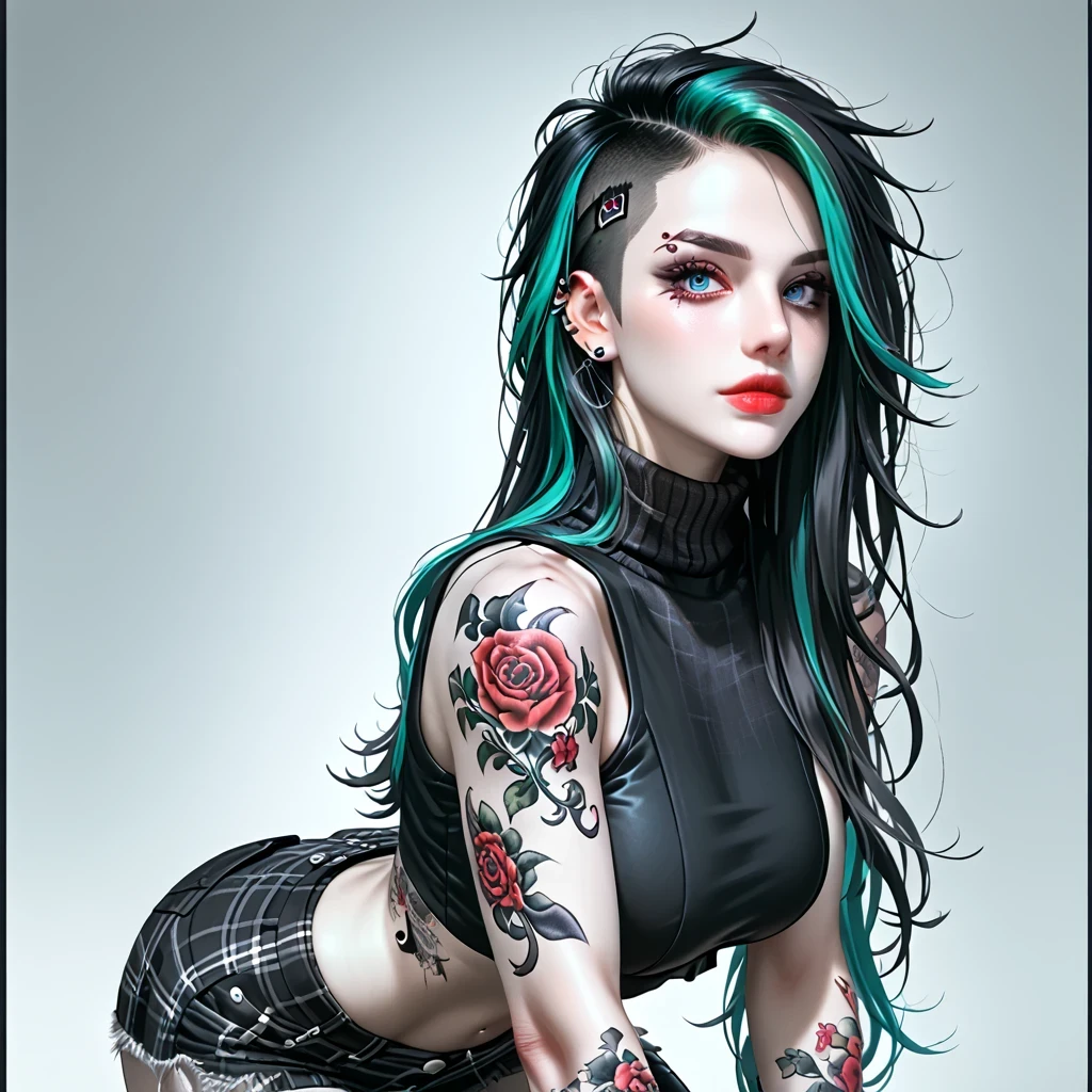 ((Thick gray hair ))、(Black inner hair), best quality 、 Masterpiece、( professional lighting )、 surreal, (Nipples:0.4), attractive、 slender supermodel 、 One Girl , ( lean forward to the camera and show off her butt ), ( Slightly Bigger Breasts , midriff peek ), ( arched , white skin without wrinkles or unevenness ), (Bright, beautiful blue eyes , (( princess cut , Long hair )), ( plaid shorts ,(( black tight cropped turtleneck ,Punk Style))) , ( beautiful face squinting in bright light ), ((Black tight cropped turtleneck with tattoos all over the body ))