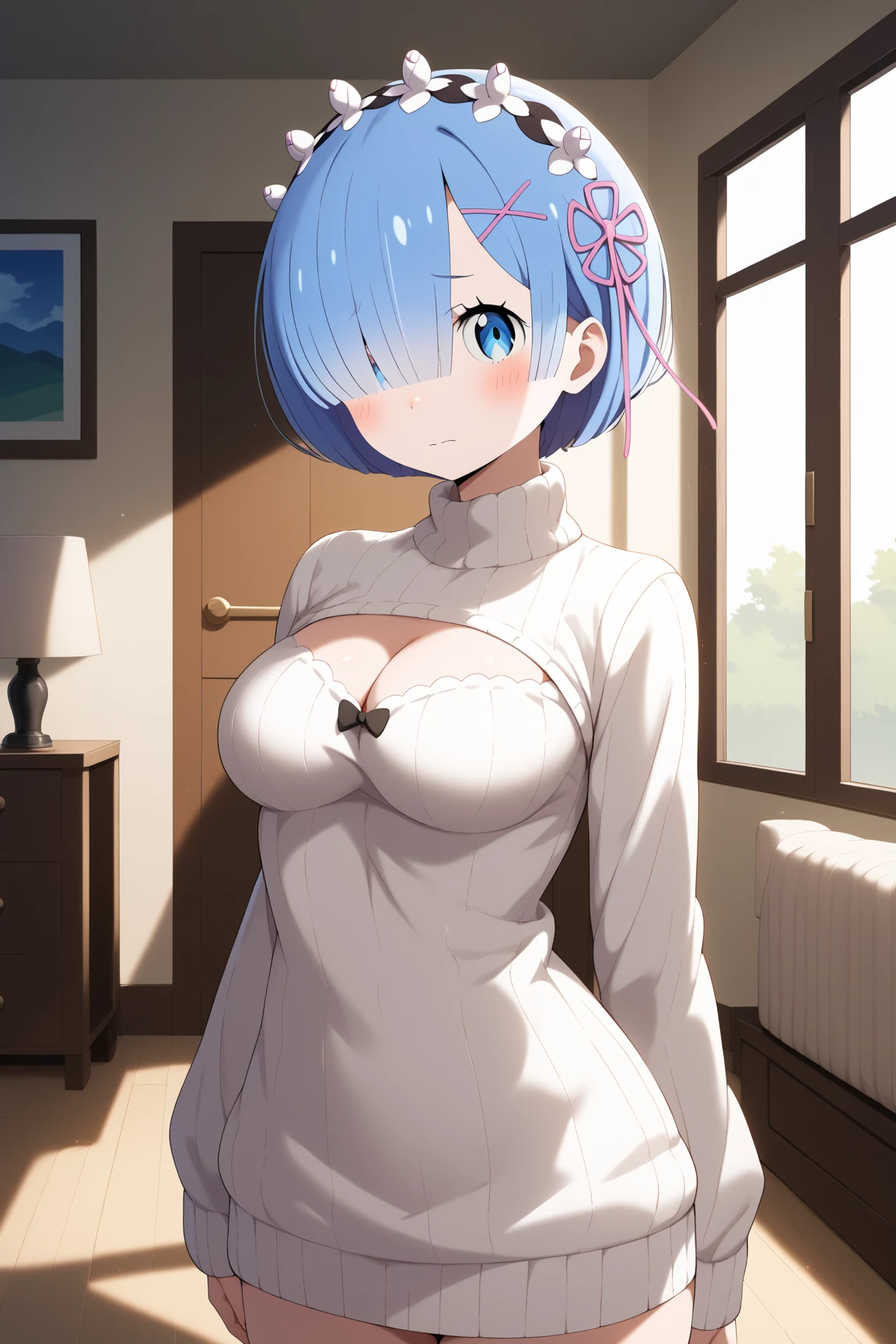 Re:Zero&#39;s Rem、light blue hair、short hair、table top、High resolution、many girls multiple girls、large crowd、lots of cute girls、big and full breasts、naughty body、See-through、throw、、whole body、Are standing、Look up at me、confused face、blush、embarrassing、Excited、white breath、black pantyhose、female shape&#39;Private parts are clearly visible、I can see your nipples、white skirt、micro mini skirt、very short skirt、hospital、hospital room、Many people々々々々、in the crowd、bare chest、show your chest、Upper grade、A lot of milk comes out from the nipples、Breast milk gushes from the nipple、white nurse uniform、cat ears nurse uniform、white one-piece nurse uniform、Bangs that cover one eye、pink hairpin、sit on bed、white sandals、white pantyhose、open your legs、open thighs、emphasize the chest、chest to chest、night viewが見える部屋、night view、cat pose