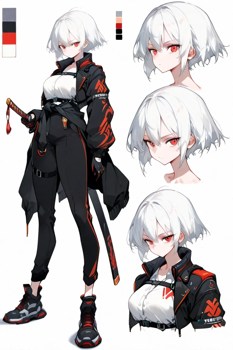 high quality, 8K Ultra HD,female, short white hair, cool red eyes, anime, female, medium sized breasts, thighs, slim figure, white shirt, short black techwear jacket with red on the inside, techwear outfit, black pants, asymmetrical straps, straps, cool pose, futuristic katana around the waist on the back, reference sheet, simple white background, (color guide:1.2), (multiple views), (full body), dynamic pose,