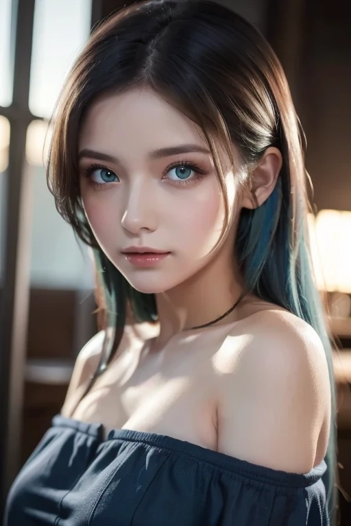 Leona Heidern beautiful face, large eyes, blue hair with high ponytail, Lovely, pale skin, naked