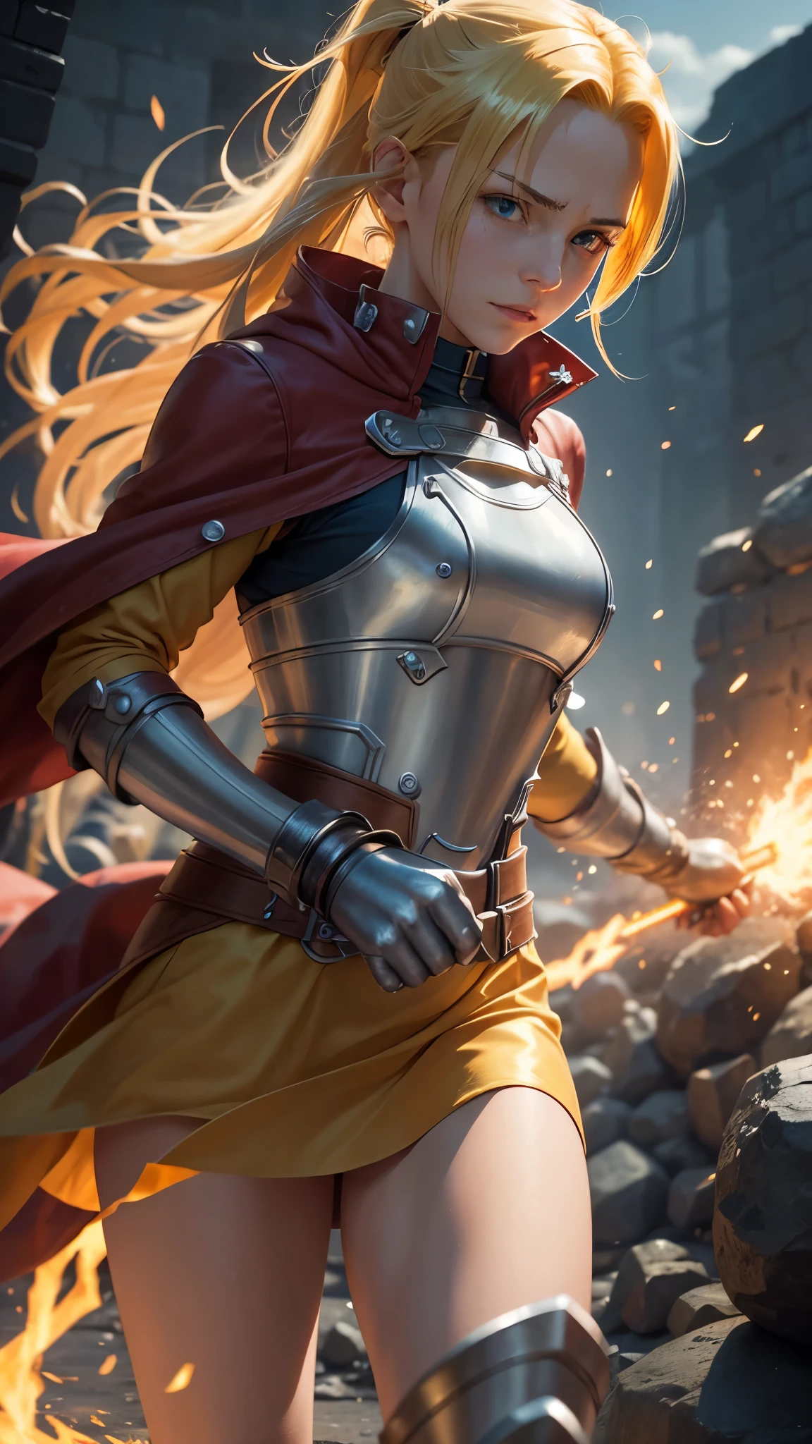 Edward Elric (Fullmetal Alchemist) → Female Alchemist Queen
A petite but fierce female warrior with golden yellow hair in a high ponytail, wearing a red alchemist coat. She has one arm as metallic. The arm crackles with blue alchemic energy, transmuting the ground into a massive spear of stone and steel. Golden energy surges swirl around her, illuminating her determined expression. The battlefield trembles from her alchemic transmutation.
Weapon: Automail-enhanced alchemy.