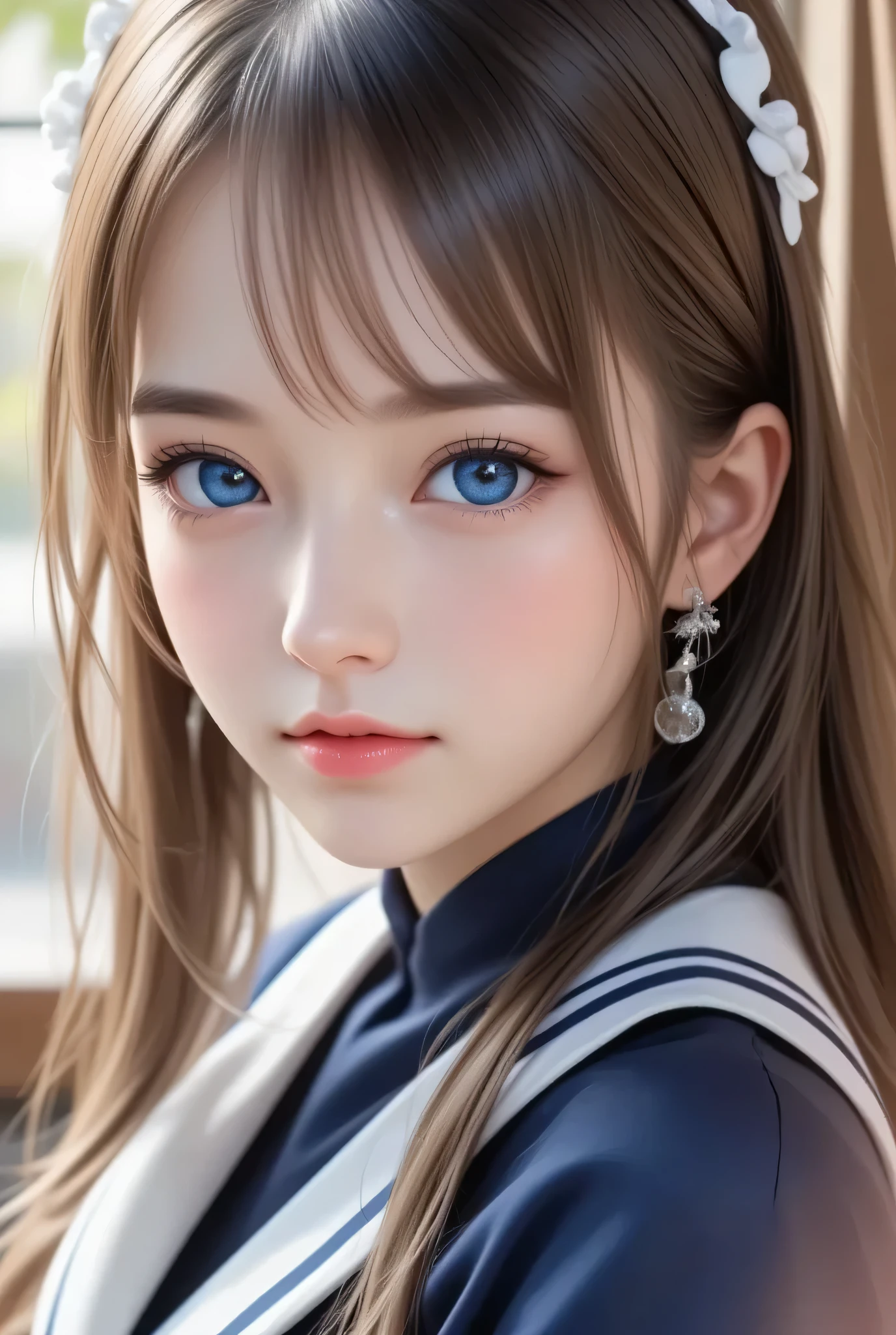 sparkling clear attractive large eyes,(super cute young face),
(japanese idol face:1),
very beautiful cute girl,
navy blue sailor high school uniforms,
(beautiful pleated skirt:1,5),
professional photogragh,
body shot