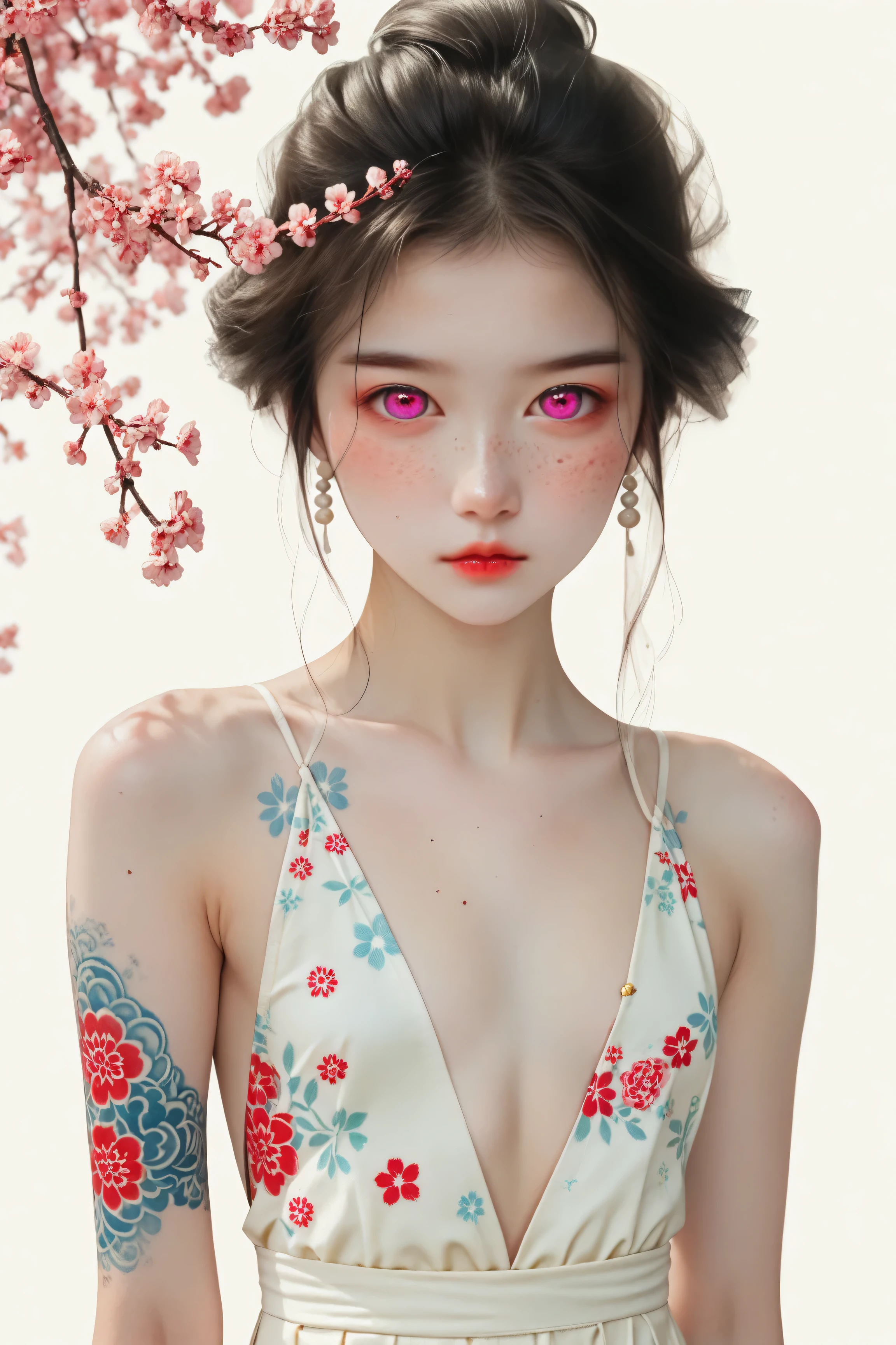 Kizi,Highly detailed, Amazing work,Vitreous luster,((clean backdrop)),In purple,(((reds))),pink color,gold colour, Best quality at best,plunging neckline, A mesmerizing surreal illustration of a young thai girl. She has pastel green hair with blunt bangs, pink eyes, and wears a vibrant pastel colored outfit adorned with intricate floral patterns. Freckles dot her smooth, warm complexion, and bold, colorful tattoos cover her arms and legs. The tattoos feature traditional Japanese motifs like flowers and mythical creatures, rendered with meticulous detail in a pastel color palette. The background is a vintage floral-patterned wallpaper. The line work is precise, The artwork fuses modern illustration techniques with traditional Japanese aesthetics, resulting in a visually striking portrait, shiny skin, small breasts, arms behind back,
