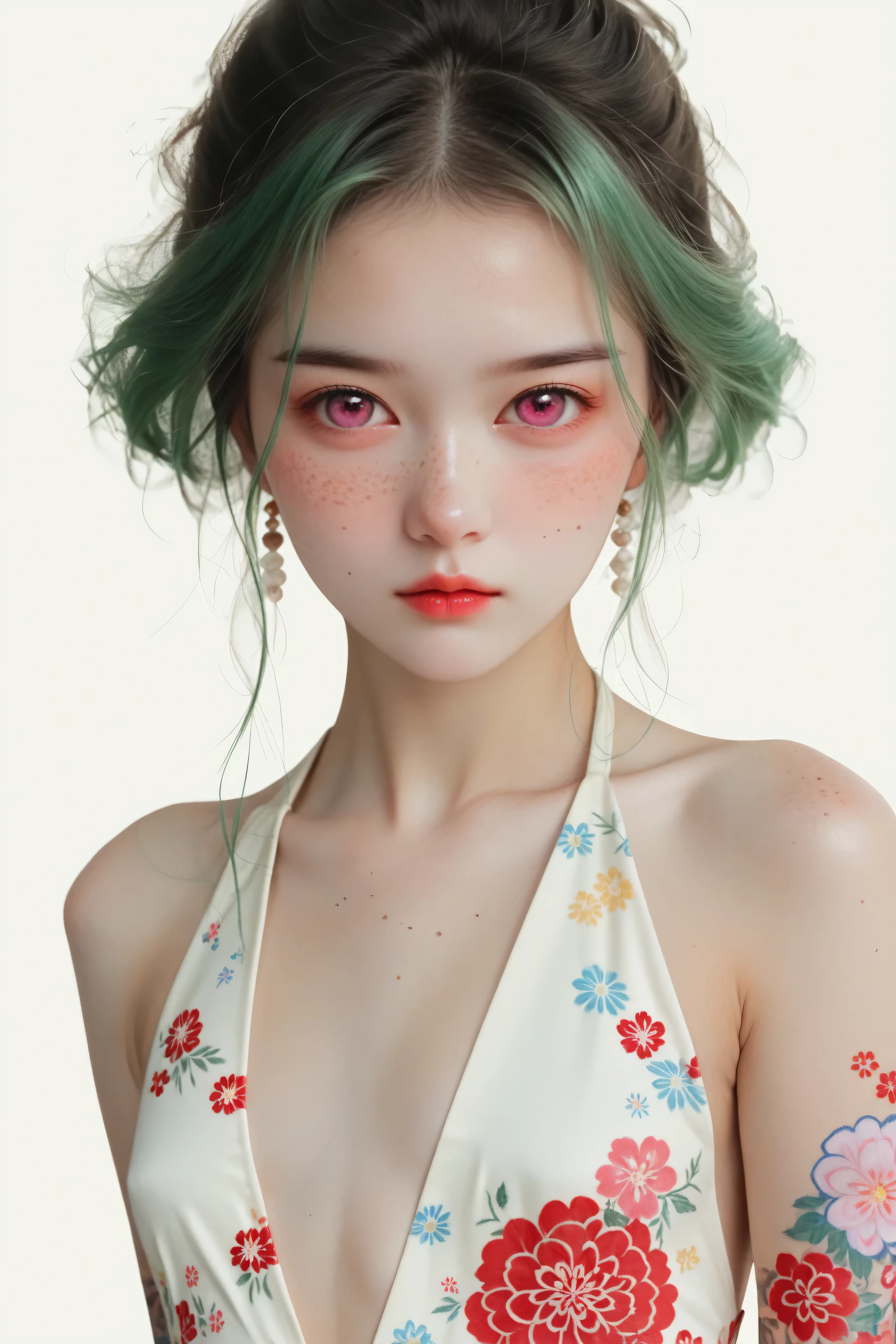 Kizi,Highly detailed, Amazing work,Vitreous luster,((clean backdrop)),In purple,(((reds))),pink color,gold colour, Best quality at best,plunging neckline, A mesmerizing surreal illustration of a young thai girl. She has pastel green hair with blunt bangs, pink eyes, and wears a vibrant pastel colored outfit adorned with intricate floral patterns. Freckles dot her smooth, warm complexion, and bold, colorful tattoos cover her arms and legs. The tattoos feature traditional Japanese motifs like flowers and mythical creatures, rendered with meticulous detail in a pastel color palette. The background is a vintage floral-patterned wallpaper. The line work is precise, The artwork fuses modern illustration techniques with traditional Japanese aesthetics, resulting in a visually striking portrait, shiny skin, small breasts, arms behind back,