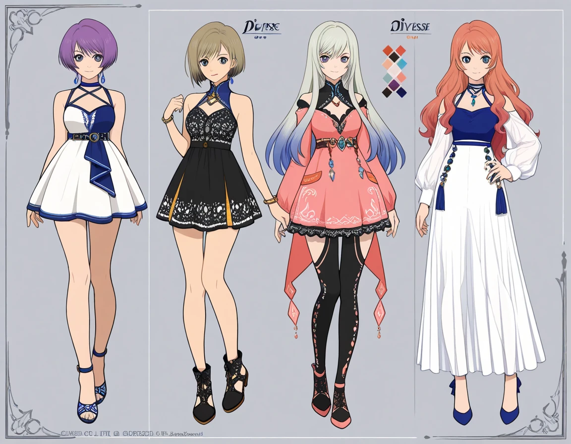 (((Best Quality))) , ((full body)), 4 lady, adult woman, multiple views, white background, variety of hairstyles, variety of fashion styles, seductive pose, fantasy outfit, spring outfits, walk pose, dark blue/dark orange/dark green/dark violet/brown/white, ,