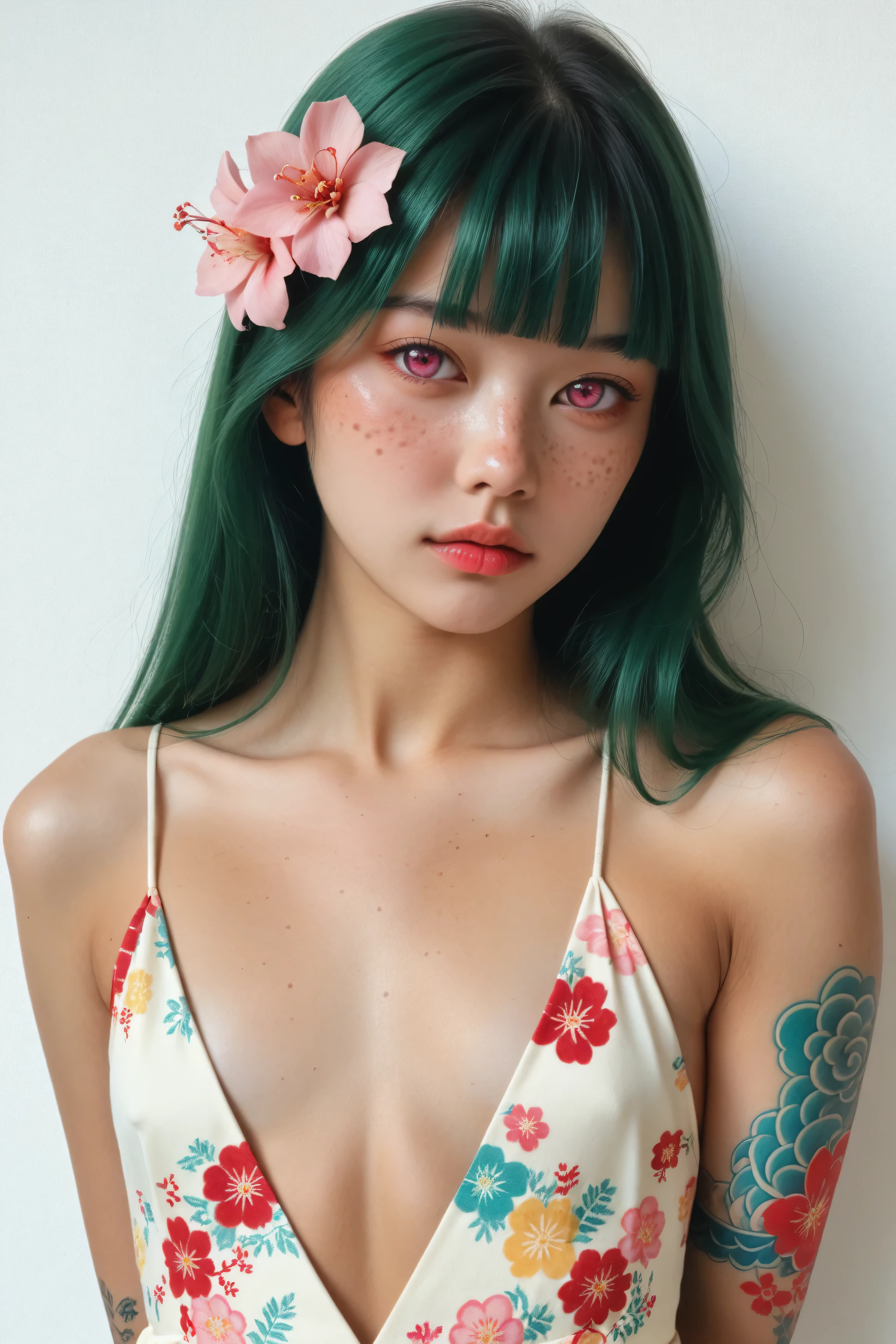 Kizi,Highly detailed, Amazing work,Vitreous luster,((clean backdrop)),In purple,(((reds))),pink color,gold colour, Best quality at best,plunging neckline, A mesmerizing surreal illustration of a young thai girl. She has pastel green hair with blunt bangs, pink eyes, and wears a vibrant pastel colored outfit adorned with intricate floral patterns. Freckles dot her smooth, warm complexion, and bold, colorful tattoos cover her arms and legs. The tattoos feature traditional Japanese motifs like flowers and mythical creatures, rendered with meticulous detail in a pastel color palette. The background is a vintage floral-patterned wallpaper. The line work is precise, The artwork fuses modern illustration techniques with traditional Japanese aesthetics, resulting in a visually striking portrait, shiny skin, small breasts, arms behind back,