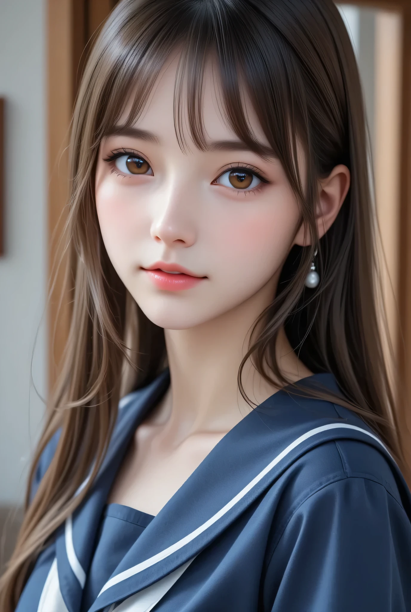 sparkling clear large brown eyes,(super cute young face),
(japanese idol face:1),
very beautiful cute girl,
navy blue sailor high school uniforms,
(beautiful pleated skirt:1,5),
professional photogragh,
body shot
