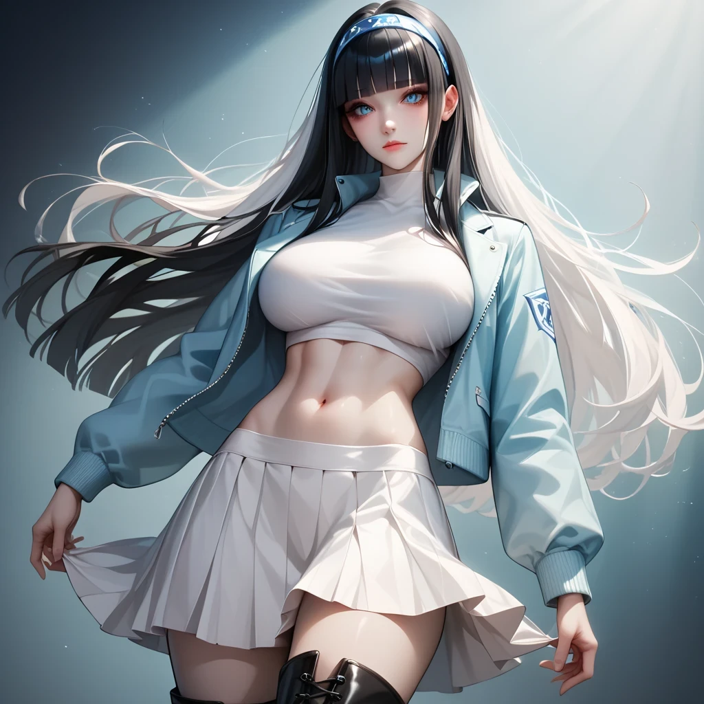 (( black hair))、(white inner hair), best quality、 ( professional lighting without shadows )、 surreal, (Nipples:0.4), is fascinating、 figure like a slender supermodel、 one girl ,, ( big breasts, Belly button exposed), ( flat at honny, beautiful skin)), (明るい and beautiful blue eyes , ((hime cut,long hair )),(down jacket, headband top, slit skirt, Long Boots ) , ( beautiful face squinting in bright light ),