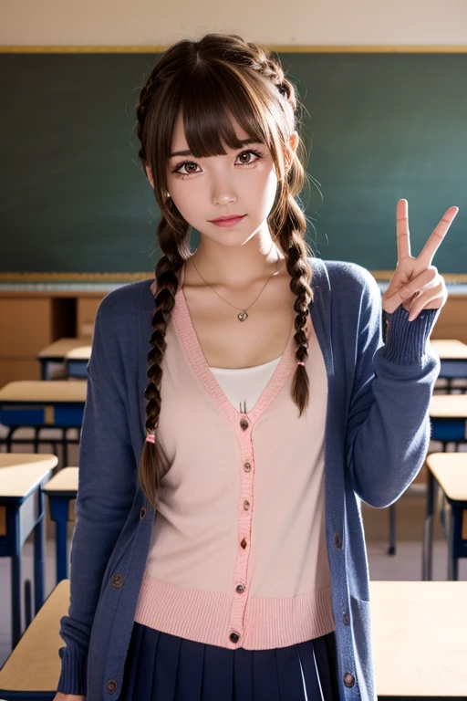 (((Anime))), ((anime)), ( gals),  medium hair, ( hair with braids:1.3), (blunt bangs :1.2), Bicolor Hair , Blonde, ( pink hair), Round face,  Red Eyes, (Droopy eyes), (((Tears))), pink lips, piercing above spo, necklace,[ dark skin ], A faint smile, (((( cute)))),  beautiful,  1 girl, Alone, ( cardigan:1.4), [ cleavage cutout], peace sign, beautiful background,(classroom:1.5), evening,sunlight,backlit,Masterpiece, best quality , exquisite,8k, That&#39;s ridiculous.,  ultra-fine illustration ,( Look at the Viewer )