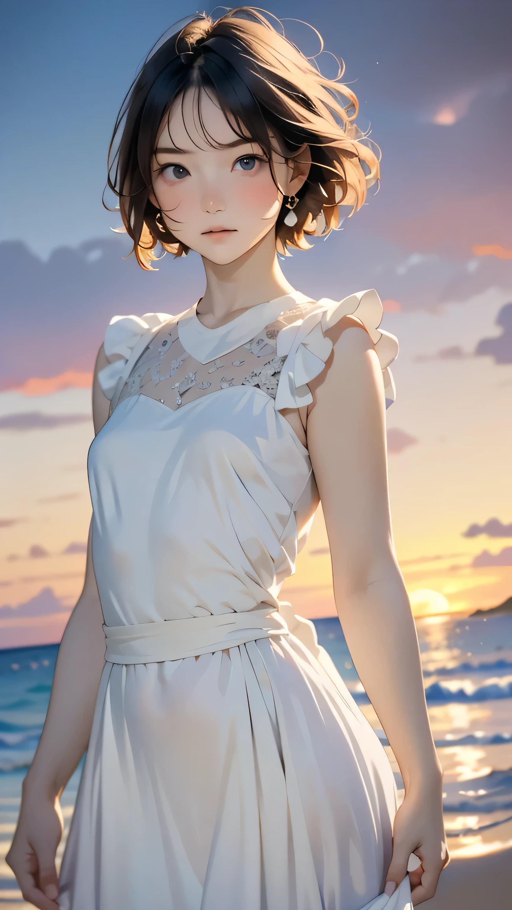 one girl, (ars old:1.4),(Very Young Face), (japan Person famous idol), face, cute face, ash gray hair:1.5, bob hair, short hair, camera's line of sight, small breasts, An ennui look, (dress:1.4) , particles of light, sea of ​​sunset, calm sea, white sand beach, very beautiful sunset, RAW photo, highest quality, High resolution, High resolution, masterpiece:1.3, 32k, professional photographer,(Enhances the beauty of skin texture:1.1),((Extremely precise and accurate anatomy:1.0)),Kind eyes,Graceful pose,(Beauty of form:1.4) Golden ratio, big eye,(nature's providence:1.4),(anatomically feminine body shape:1.4),
