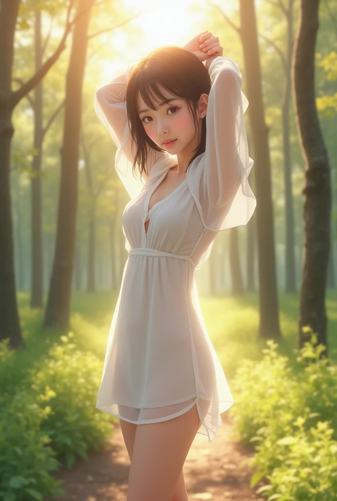 There are different types of trees in the forest, anime nature, anime lush john 8k woods, Anime Background Art, anime nature wallpap, ((forest)), detailed scenery —width 672, forested background, anime scenery concept art, elf forest background, Thick forest, Anime Background, ((1 girl)), (nsfw:1.2), open,,shoulders exposed,crisp breasts exposed, clothes open, hand held clothes, torn open, chest tip exposed, (very detailed CG Unity 8k wallpaper), (masterpiece), (best quality), (super detailed), (best illustration), (best shadow), (realistic), (PureErosFace_V1:0.5), lens flare, (depth of field), (natural lighting), ultra-high resolution, (eye detail), charming smile , (brunet) , (((transparent nightdress))), (exposed chest), 18 years old,