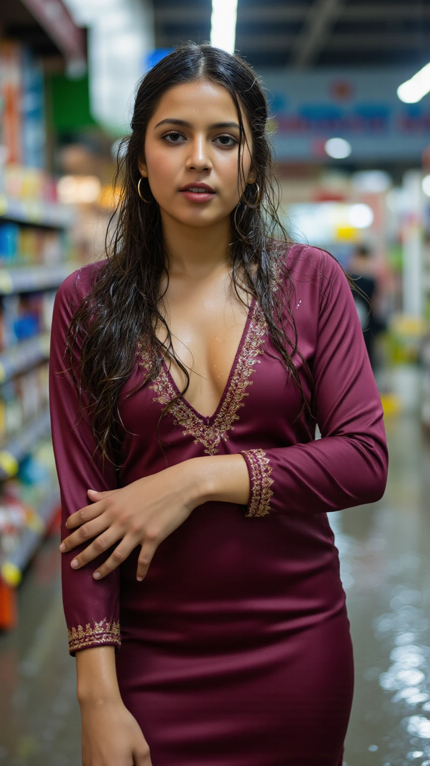 beautifull arabic woman, sensual pose, market,, smiling, full shot, long shot, full body shot
