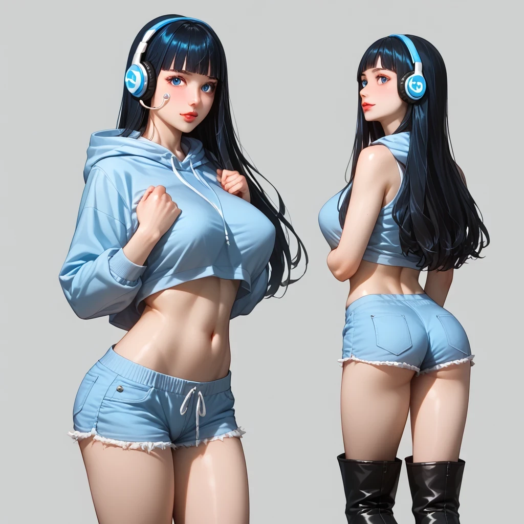 (( black hair))、(Light blue inner hair ), best quality 、 ( professional lighting without shadows )、 surreal, (Nipples:0.4), fascinating、 Slim Supermodel-Like Figure、 one girl ,, ( big breasts, Belly button exposed), ( arched , Beautiful Skin )), (明るい and beautiful blue eyes , ((hime cut,long hair )),(Hooded sweatshirt, daisy duke shorts, Long Boots ) , ( beautiful face squinting in bright light ),Wearing headphones , (from behind, cowboy shot, looking back)