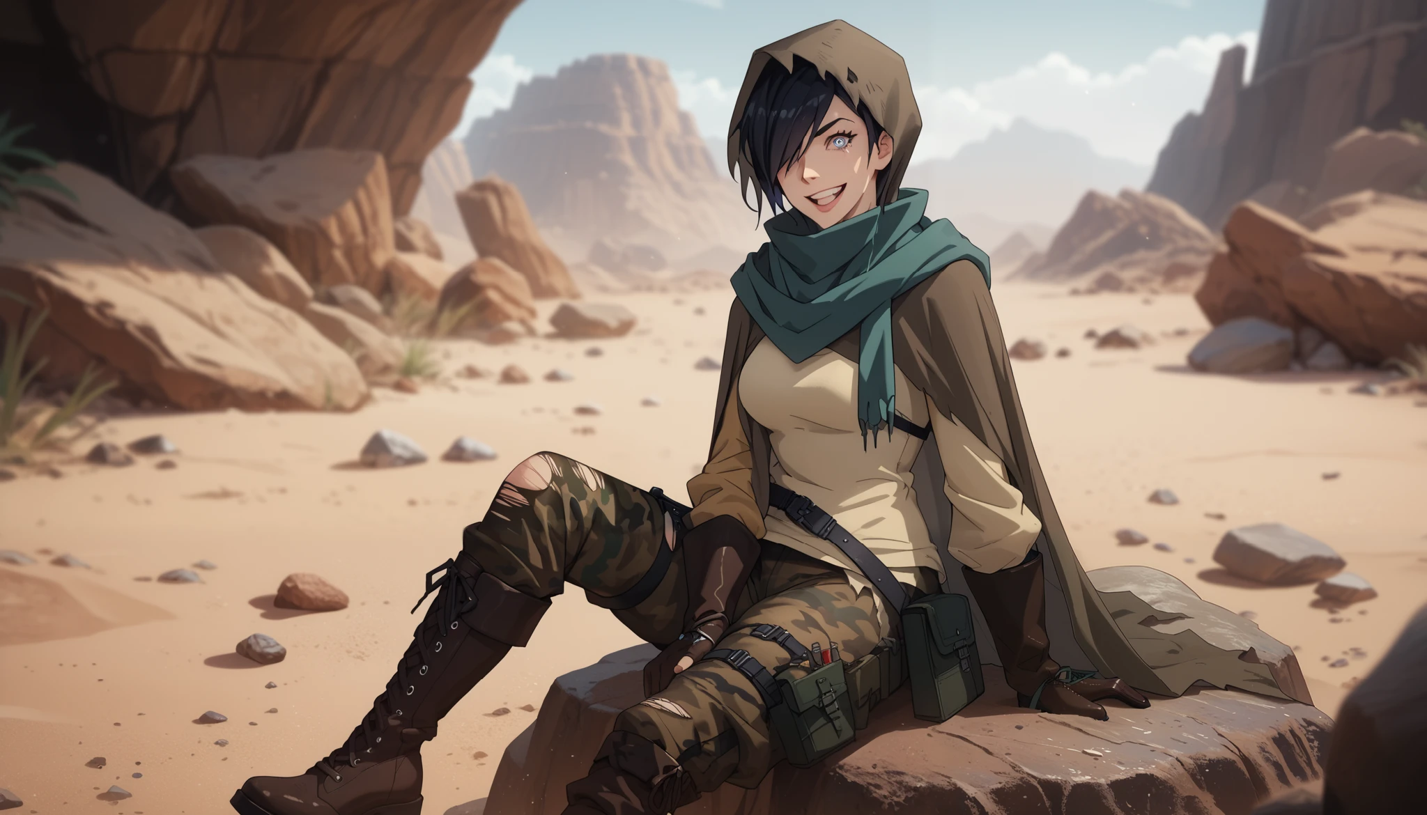 jackassnier, black hair, short hair, hair over one eye, blue eyes, medium breasts, green scarf, hood, hooded cloak, cloak, hood up, torn clothes, black gloves, long sleeves, cape, camouflage pants, shirt, belt, thigh strap, cross-laced footwear, knee boots, holster, sitting on some rock, in a rocky canyon in a desert, crazy smile, holding a lit stick of dynamite