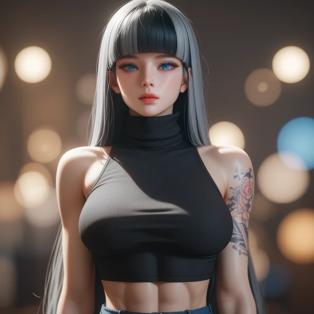 ((Thick gray hair ))、(Black inner hair), best quality 、 Masterpiece、( professional lighting )、 surreal, (Nipples:0.4), attractive、 slender supermodel 、 one girl , (character in foreground, blurred background), ( Slightly Bigger Breasts , midriff peek ), ( flat at honny , Beautiful skin without wrinkles or irregularities ), (Bright, beautiful blue eyes , (( princess cut , layered cut )), ( shorts,(( black tight cropped turtleneck ))) , ( beautiful face squinting in bright light ), ((Black tight cropped turtleneck with tattoos all over the body ))