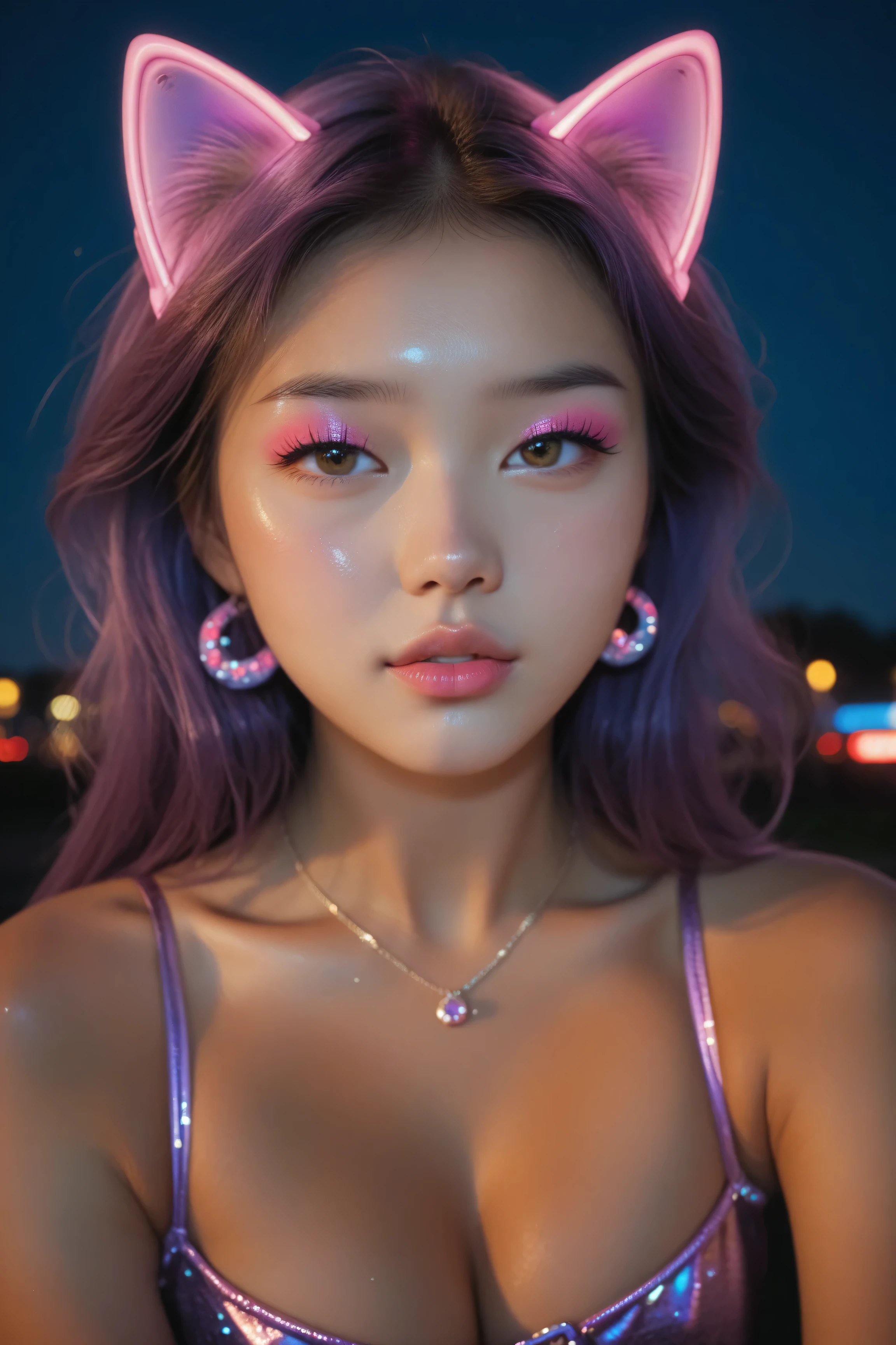 young asian girl, full lips with lip gloss, eyeshadow, pink and light blue monochromatic color scheme, neon lighting, cute and kawaii elements, purple hair, natural lighting, joyful and whimsical vibe, cleavage, huge , cute revealing outfit, thigh highs, pink panties, cat ears, shiny skin, Kizi,Highly detailed, Amazing work,Vitreous luster,((clean backdrop)),In purple,(((blue colors))),red color,yellow colour,Best quality at best,clean backdrop,