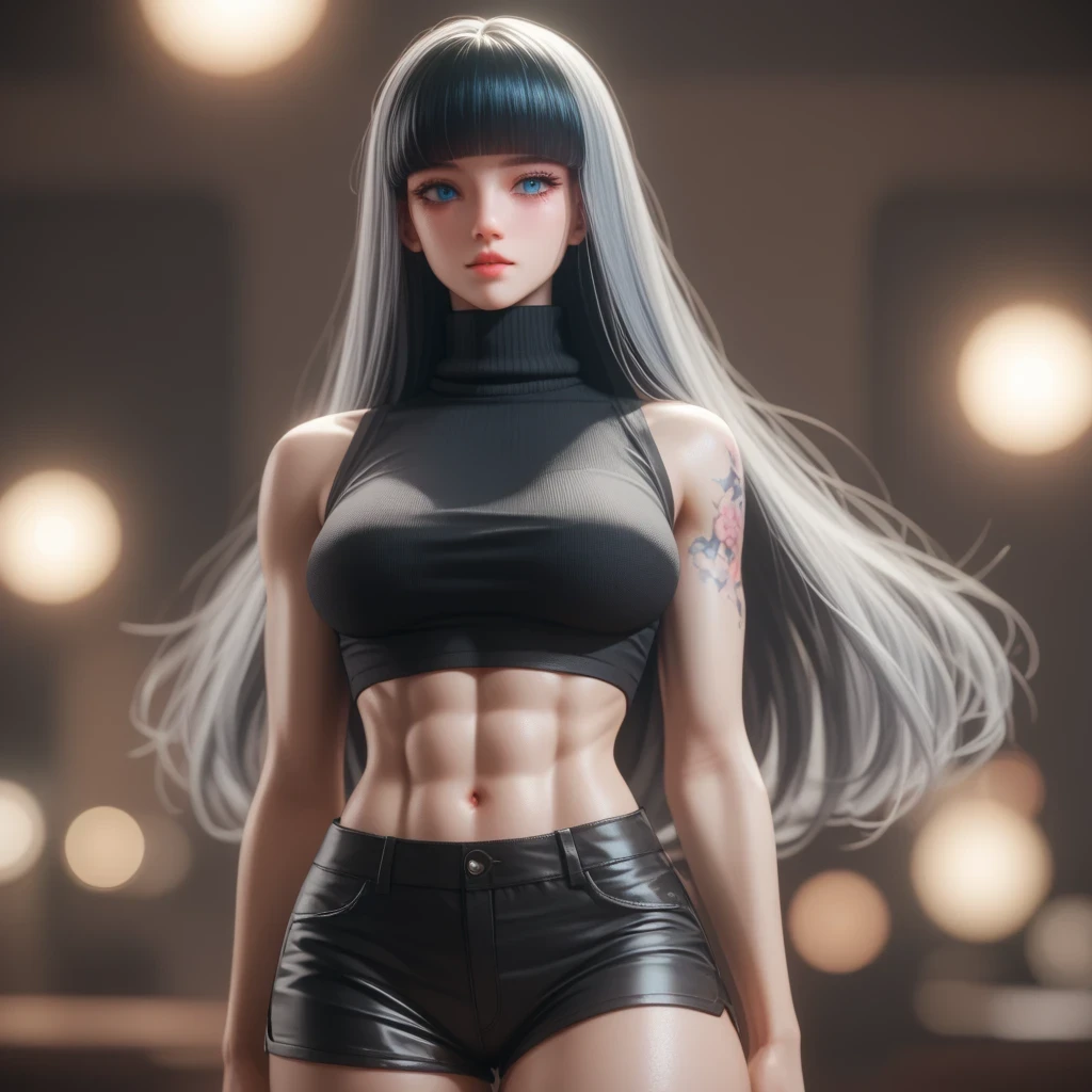 ((Thick gray hair ))、(Black inner hair), best quality 、 Masterpiece、( professional lighting )、 surreal, (Nipples:0.4), attractive、 slender supermodel 、 one girl , (character in foreground, blurred background), ( Slightly Bigger Breasts , midriff peek ), ( flat at honny , Beautiful skin without wrinkles or irregularities ), (Bright, beautiful blue eyes , (( princess cut , layered cut )), ( shorts,(( black tight cropped turtleneck ))) , ( beautiful face squinting in bright light ), ((Black tight cropped turtleneck with tattoos all over the body ))