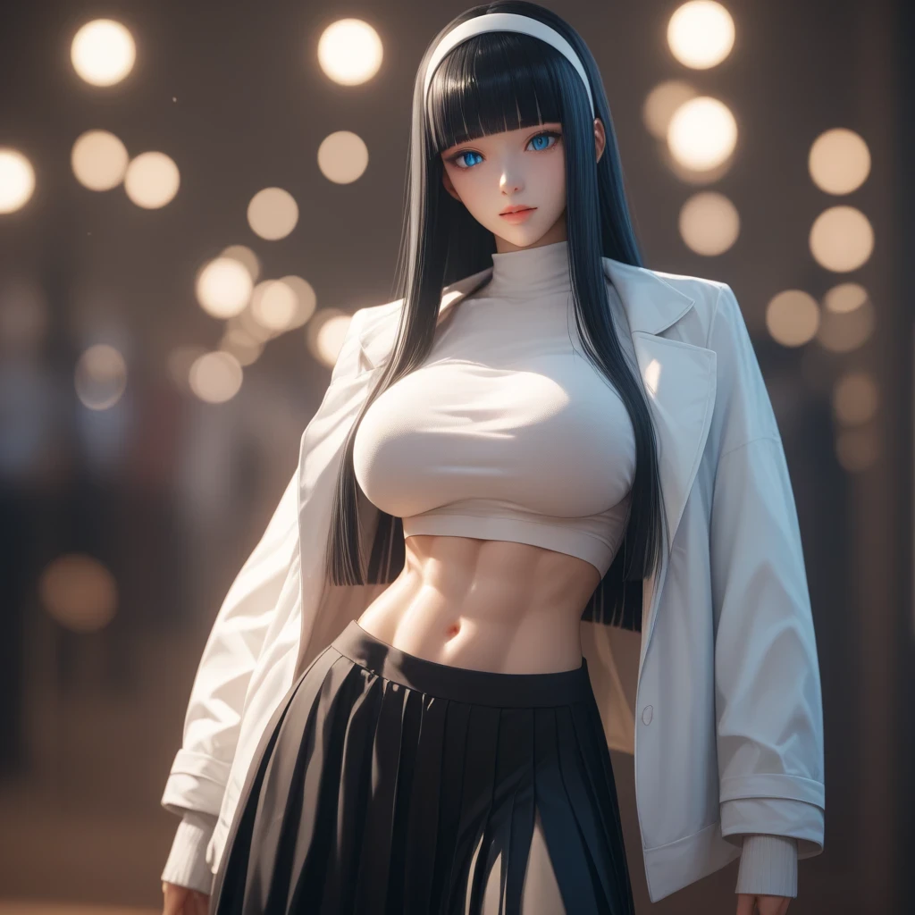 (( black hair))、(white inner hair), best quality、 ( professional lighting without shadows )、 surreal, (Nipples:0.4), is fascinating、 figure like a slender supermodel、 one girl ,, ( big breasts, Belly button exposed), ( flat at honny, beautiful skin)), (明るい and beautiful blue eyes , ((hime cut,long hair )),(down jacket, headband top, slit skirt, long boots) , ( beautiful face squinting in bright light ), character in foreground, blurred background