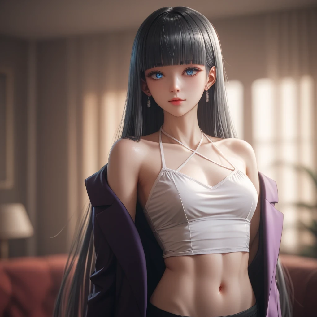((Gray Hair))、(black inner hair),  best quality、 (  professional lighting without shadows  )、  surreal, (Nipples:0.4),  is fascinating、 figure like a slender supermodel、 one girl ,, (Mid-chest, Belly button exposed), ( flat at honny,  beautiful skin)), (明るい and beautiful blue eyes , ((hime cut,long hair )), ((velvet blazer:1.4), (Satin camisole:1.3), Tailored trousers, pumps, earrings, (Silk Halter-top:1.3)) , ( beautiful face squinting in bright light ),character in foreground, blurred background