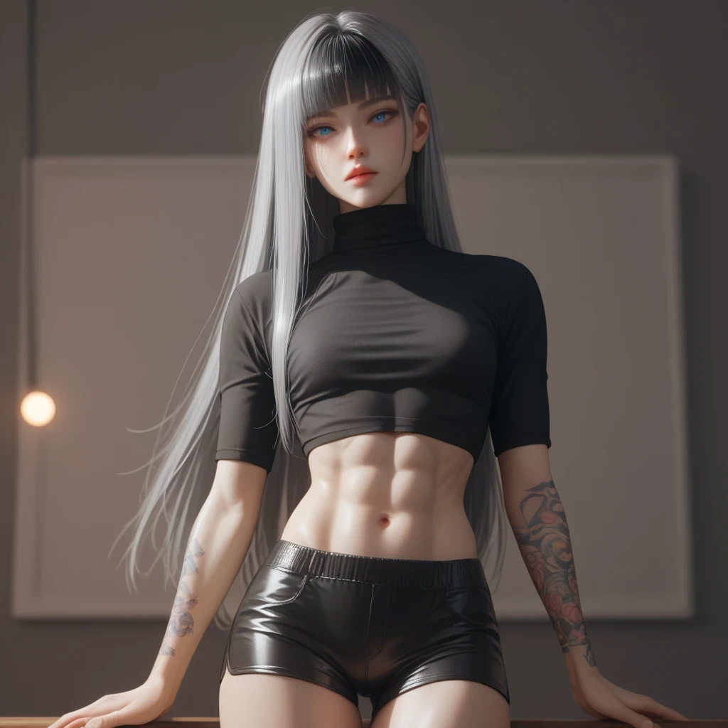 ((Gray Hair))、(Black inner hair), best quality 、 Masterpiece、( professional lighting )、 surreal, (Nipples:0.4), attractive、 slender supermodel 、 one girl , ( lean forward and show off your butt ), (Mid-chest, Belly button exposed), ( flat at honny , white skin without wrinkles or unevenness ), (Bright, beautiful blue eyes , (( wolf cut, Long hair)), ( shorts,((black tight cropped shirt))) , ( beautiful face squinting in bright light ), ((Black tight cropped turtleneck with tattoos all over the body ))