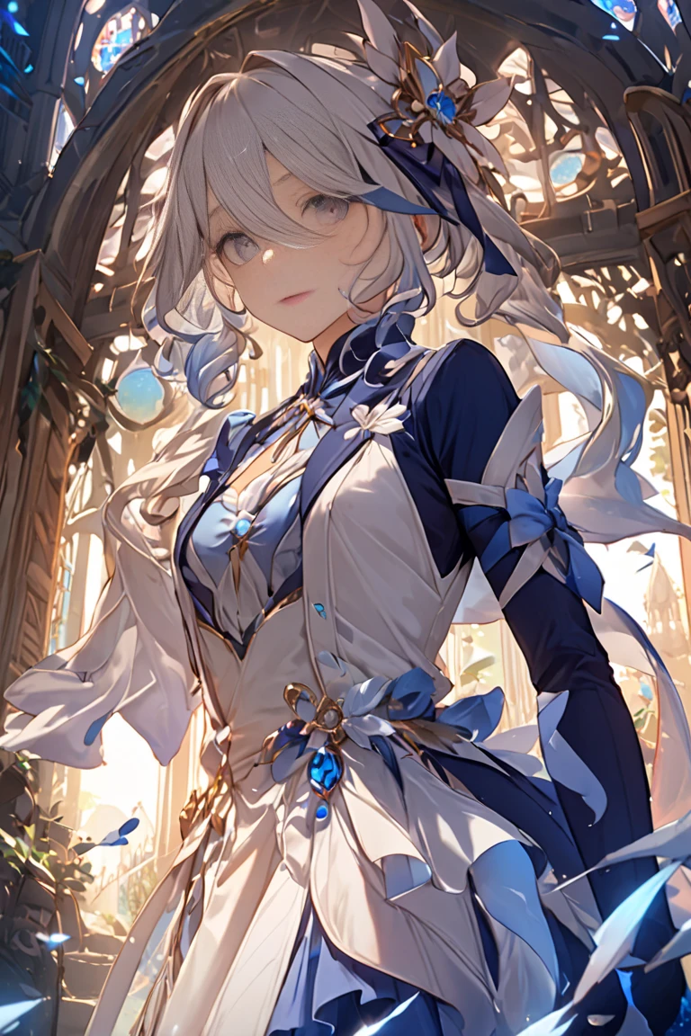 Official art, ヨーロッパのmasterpiece女性,, pale silver hair , azure eyes, (masterpiece、top-quality、hight resolution: 1.4),in 8K, Anime Art Nouveau, highly detailed exquisite fanart, anime fantasy illustration, clean detailed anime art, detailed anime art, sharp focus of a person, Delicate Beautiful Hair and Eyes and Face, realisitic, ultra-detailliert, Flower Garden,((Delicate, delicate and cute hands)),((elegant shiny dress)),((Lots of races)),((lots of ruffles)),((lots of ribbons))