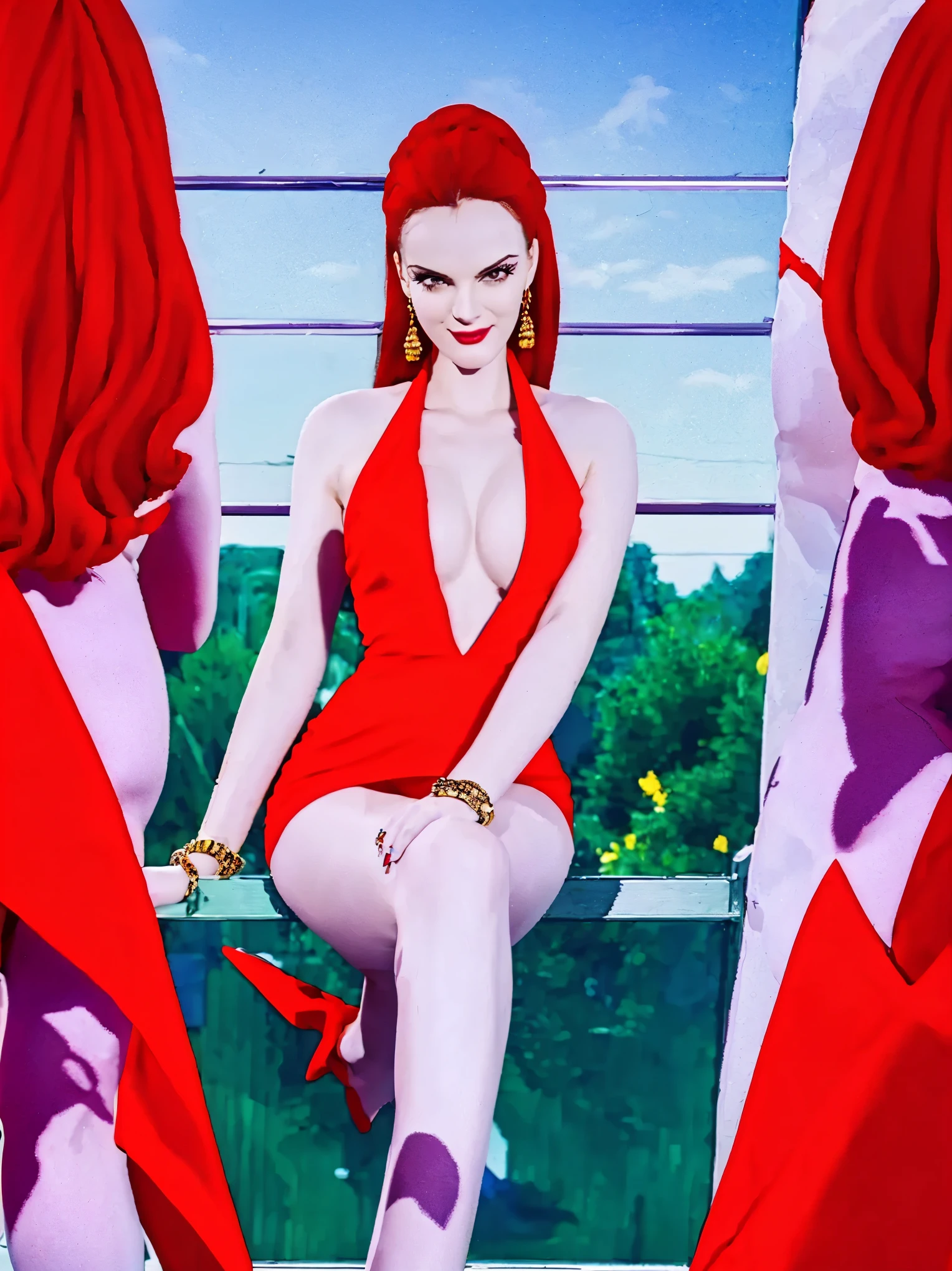 Kaolinite most realistic , Sitting with half-open legs, yelling, makeup, (( masterpiece, Ultra delicate, face, 16K, high resolution, pale skin, )) Slim Fit Office Mini Dress with Kaolinite Clay , seductive pose , tight red dress mini , Vestido de uniforme, Kaolinite Red , bodycon dress, Pimp , purple-eyed , beautiful smile , realistic textures , tacones altos