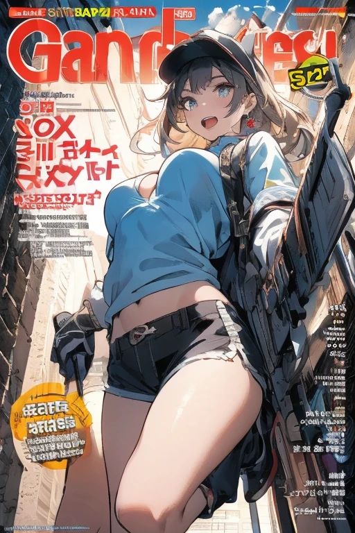 masterpiece, Highest quality, High resolution, One girl, (Blue jacketの下にBlack innerwearを着ている), Folded ponytail, Brown eyes, , uniform, Blue jacket, Blue pants, ,Big Breasts, Black innerwear, (Bend down and shoot your gun:1.3), blush, (Ready your gun?)