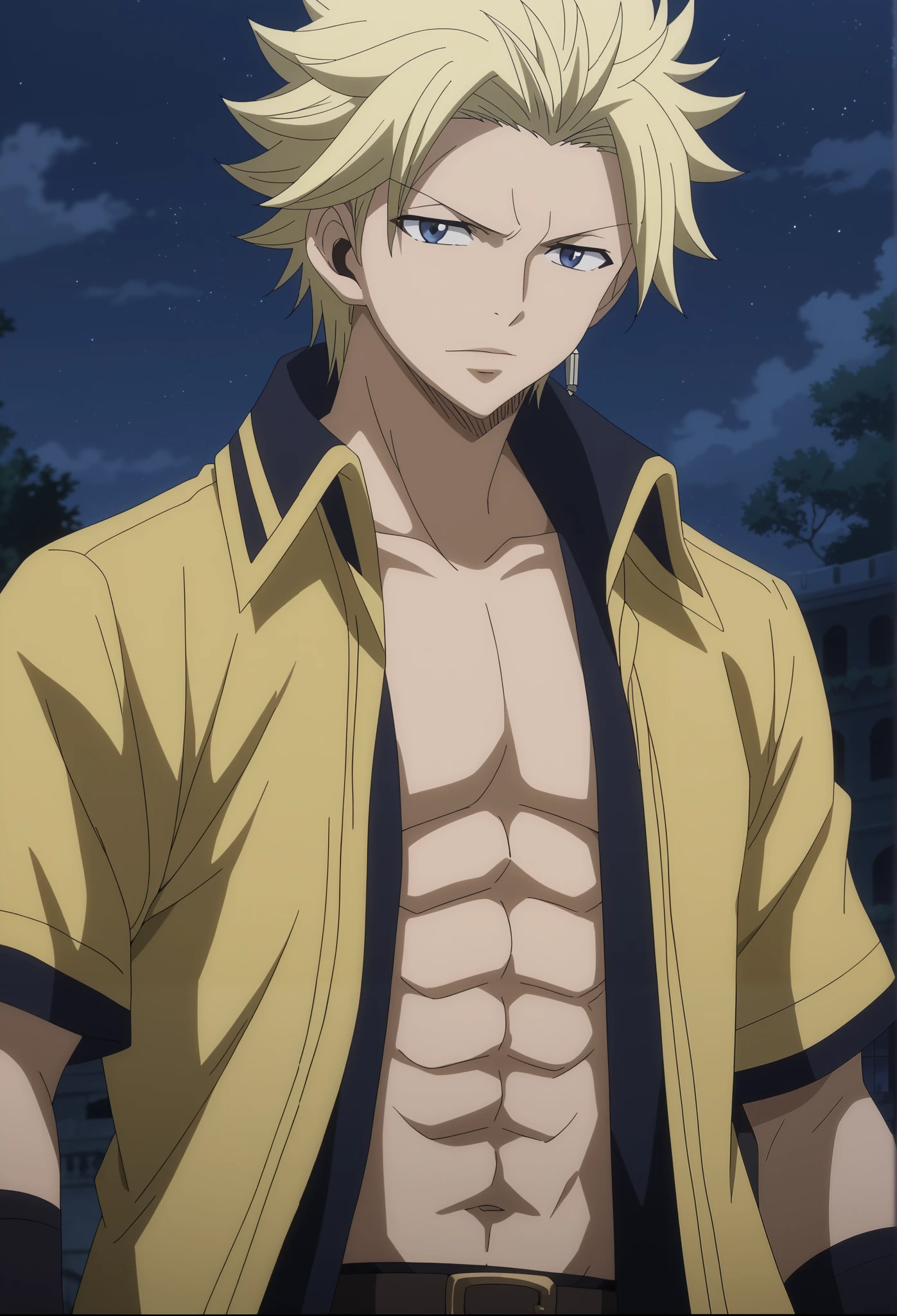 front view, Frontal portrait, Medium close-up, looking at viewer, score_9, score_8_up, score_7_up, source_anime, StingFT, Sting blonde hair, light yellow Sting, 1boy, male focus, anime screencap, a yellow men's jacket, which fits his athletic figure. Underneath, he wears a black long sleeved T-shirt. His pants are dark and tight fitting, and he completes the look with white fingerless gloves that add a modern touch. He also usually wears a belt with a decorative buckle, dark night sky background with soft shadows, soft blue lighting highlighting his features, high-quality anime details, vivid colors