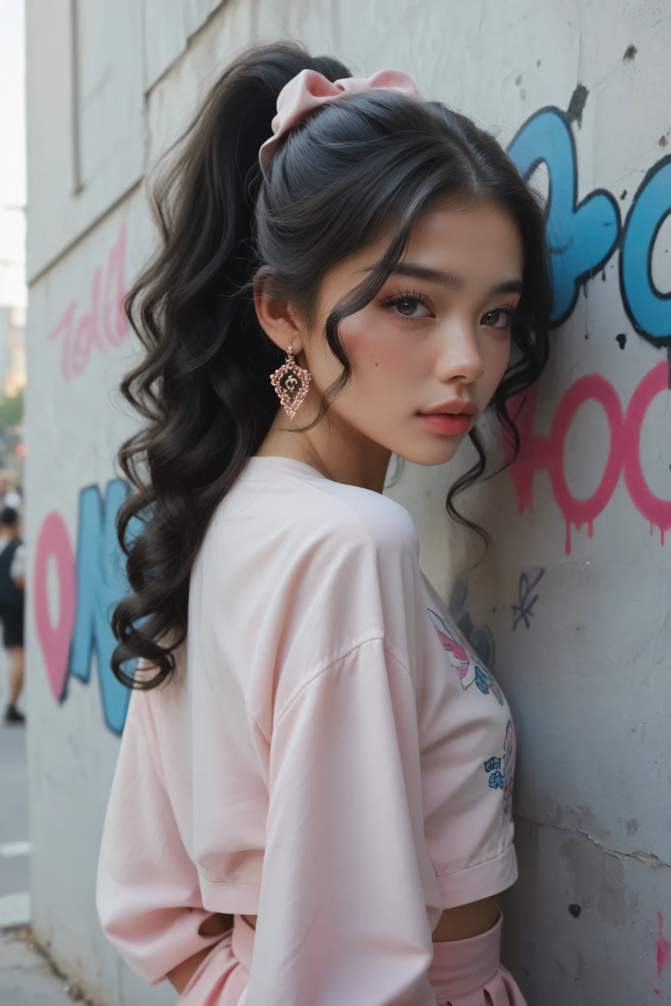 beautiful kpop idol girl wearing a pink hip-hop outfit covered elegantly, her curly long black hair beauty in ponytail, against the backdrop of a graffiti wall during the day