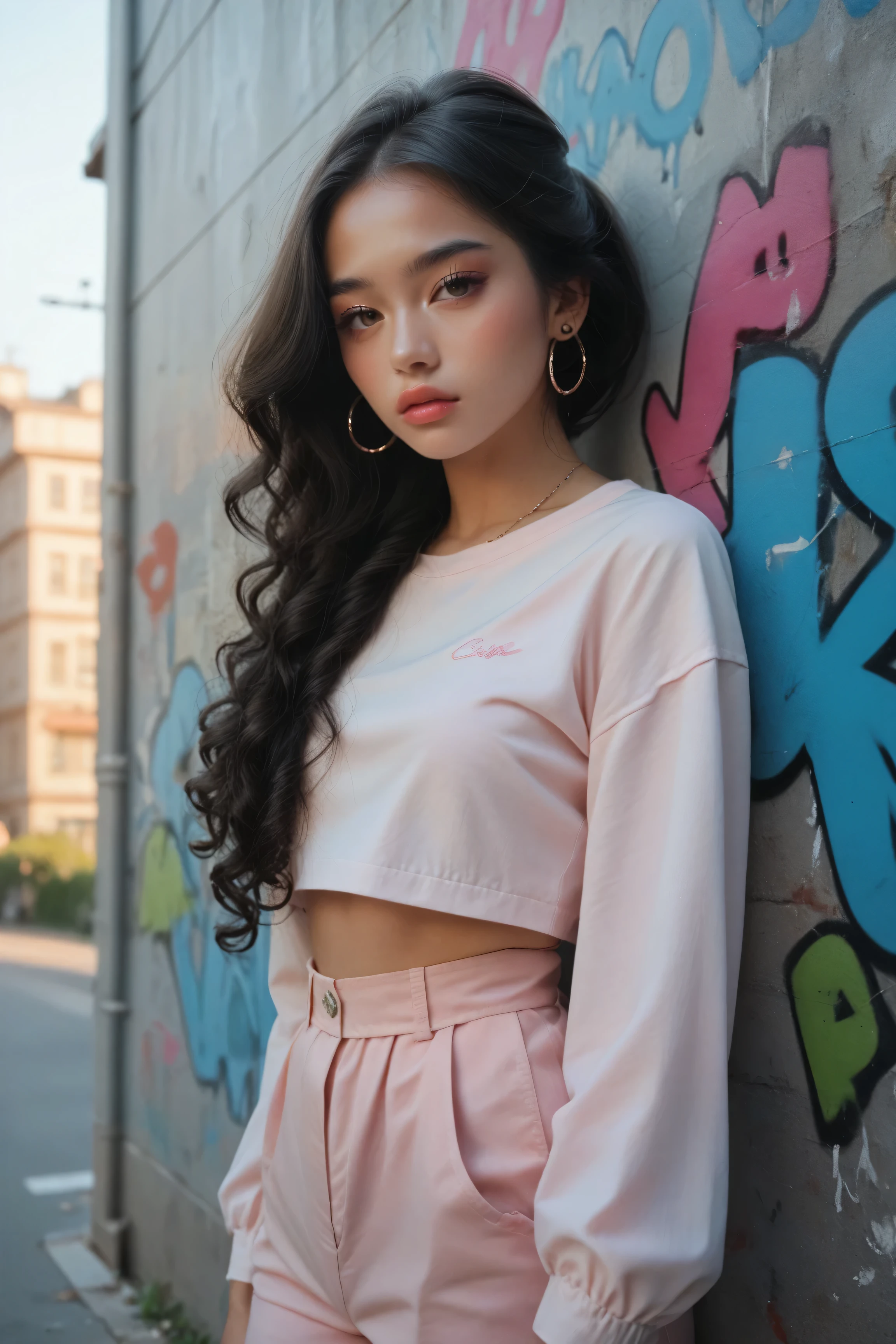 beautiful kpop idol girl wearing a pink hip-hop outfit covered elegantly, her curly long black hair beauty in ponytail, against the backdrop of a graffiti wall during the day