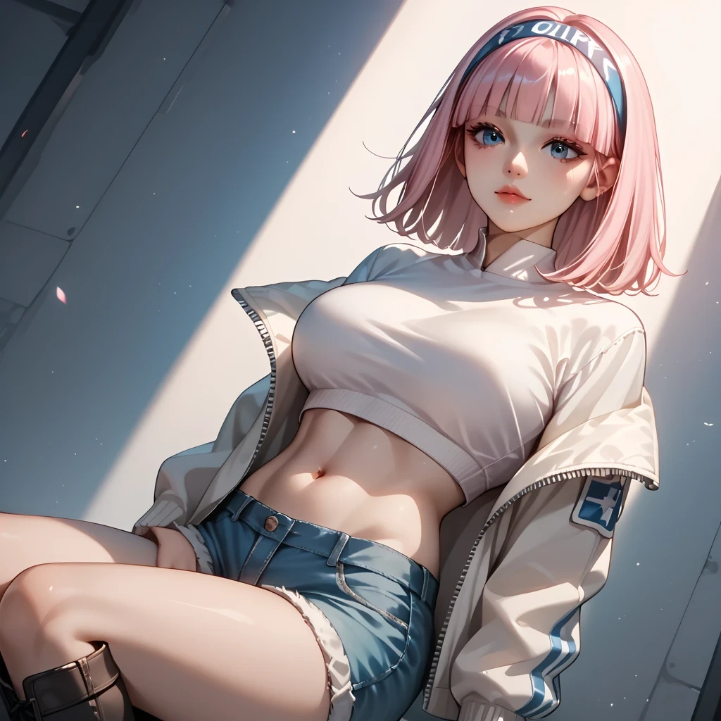 (best quality)), ((​masterpiece)), (detailled), perfect face((best quality)), ((​masterpiece)), (detailled), perfect face(best quality)), ((​masterpiece)), (detailled), perfect face(best quality)), ((​masterpiece)), (detailled), perfect face,stunning realistic, photorealistic, Photorealism, 1 girl sakura Haruno,pink hair, long hair, ponytail, green eyes,dark blue diamond on the forehead,standing in a tent,arms behind back,sexy body,middle large breasts,open jacket, denim skirt