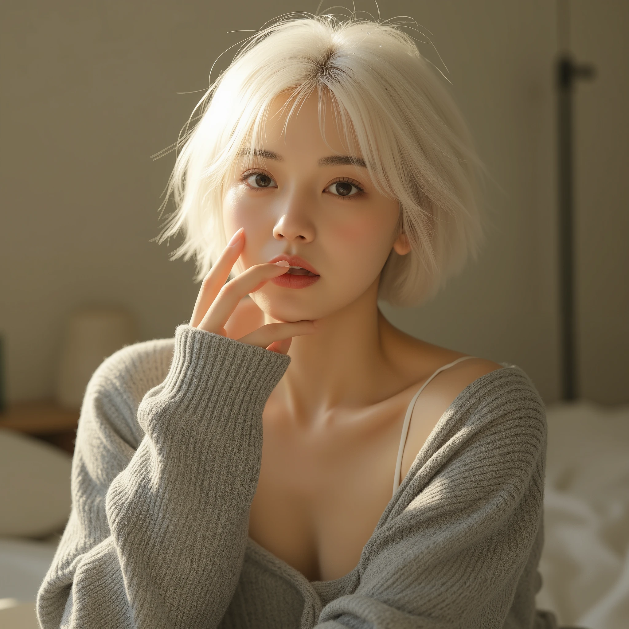 (((a Japanese cute girl、top-quality、8K、32K、​masterpiece、nffsw:1.2)))、((inside in room、Sitting in bed))、(((1人の女性:1.5)))、((Gray hair 1:5、Wolfcut:1.35、Wolfhair:1.7))、((Left and right symmetrical eyes、Eyes of the same size on the left and right、Balanced face))、((Wear a sweater))、((tiny chest))、wall-paper、hposing Gravure Idol、女優、plump thighs、((Patsun:1.35、bangss:1.35))、(Watching the viewer)