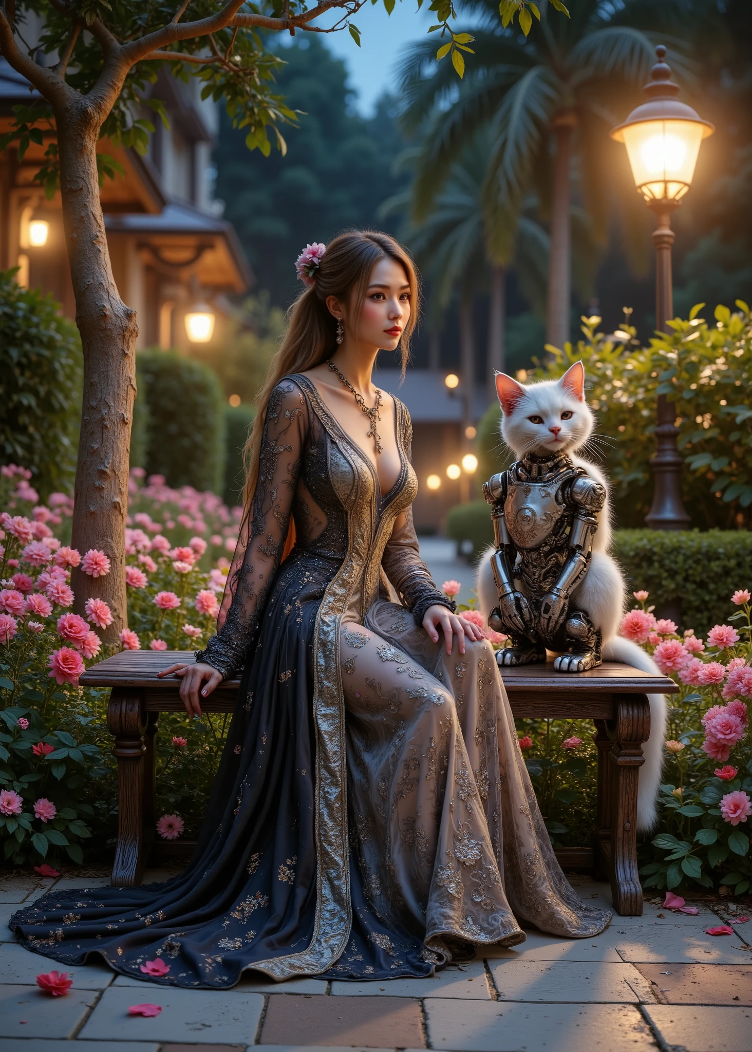 Night Resort 、Beautiful woman sitting on bench with anthropomorphic robot cat、flower bed、Street lamp、 fairy tale